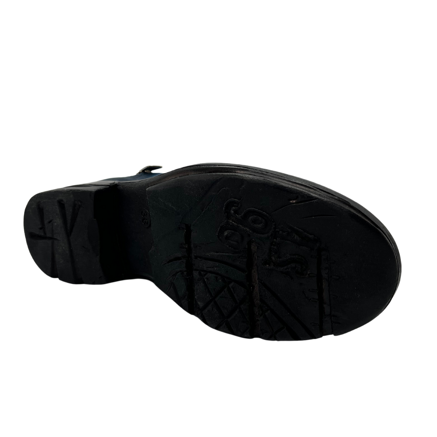 Bottom view of blue leather shoes with zipper heel accent and short heel