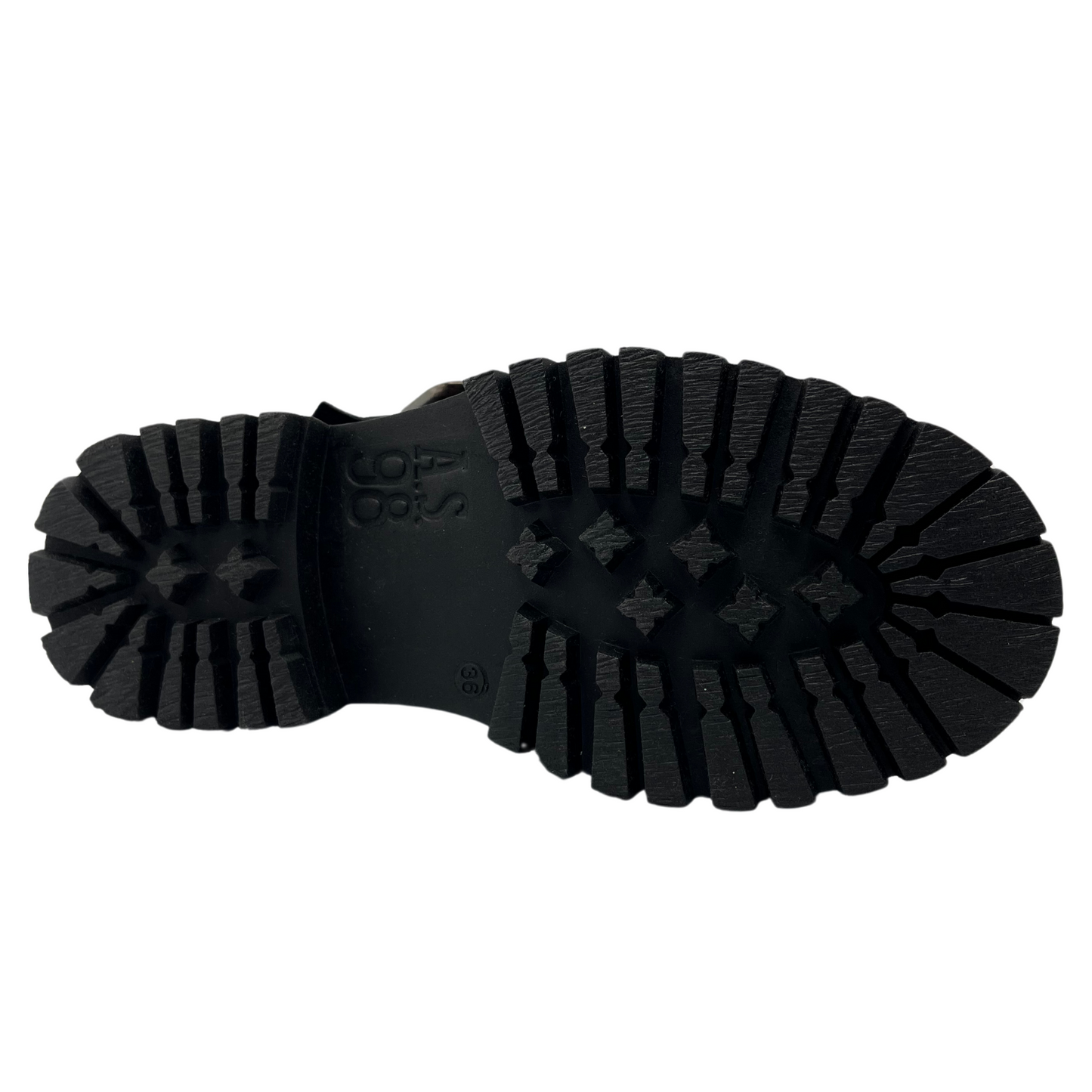 Bottom view of black leather shoe with large buckle, thick lug sole and rounded toe