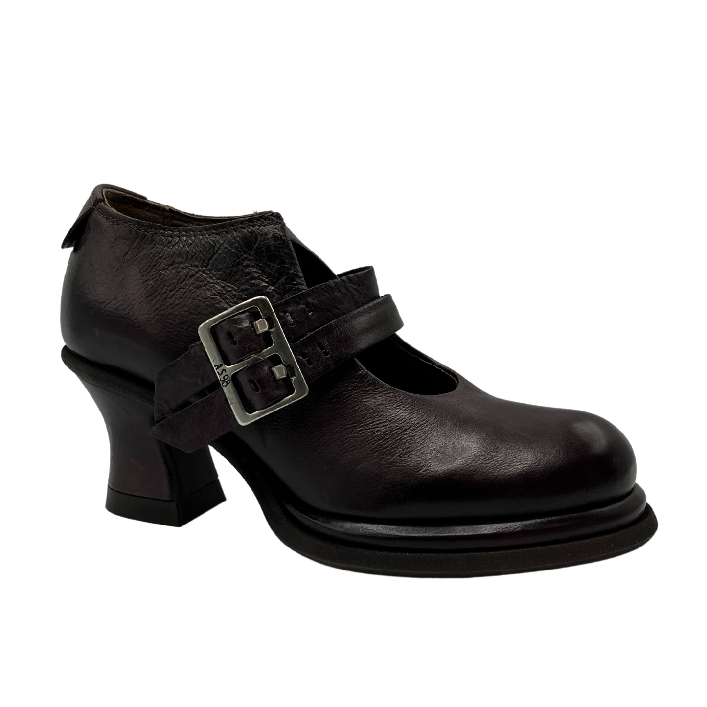 Angled view of brown leather shoe with double straps on upper and flared heel