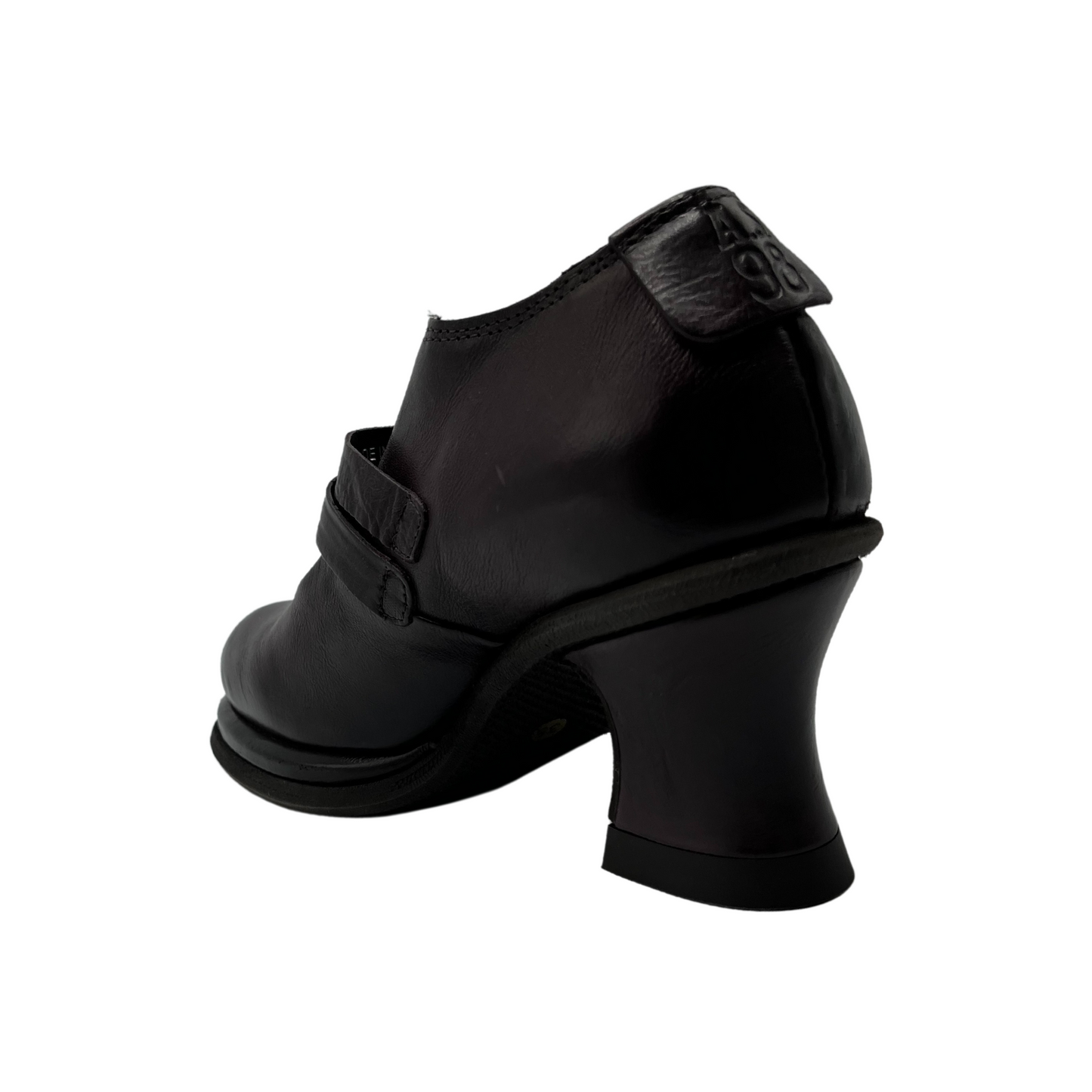 Back angled view of brown leather shoe with flared block heel and double straps on upper