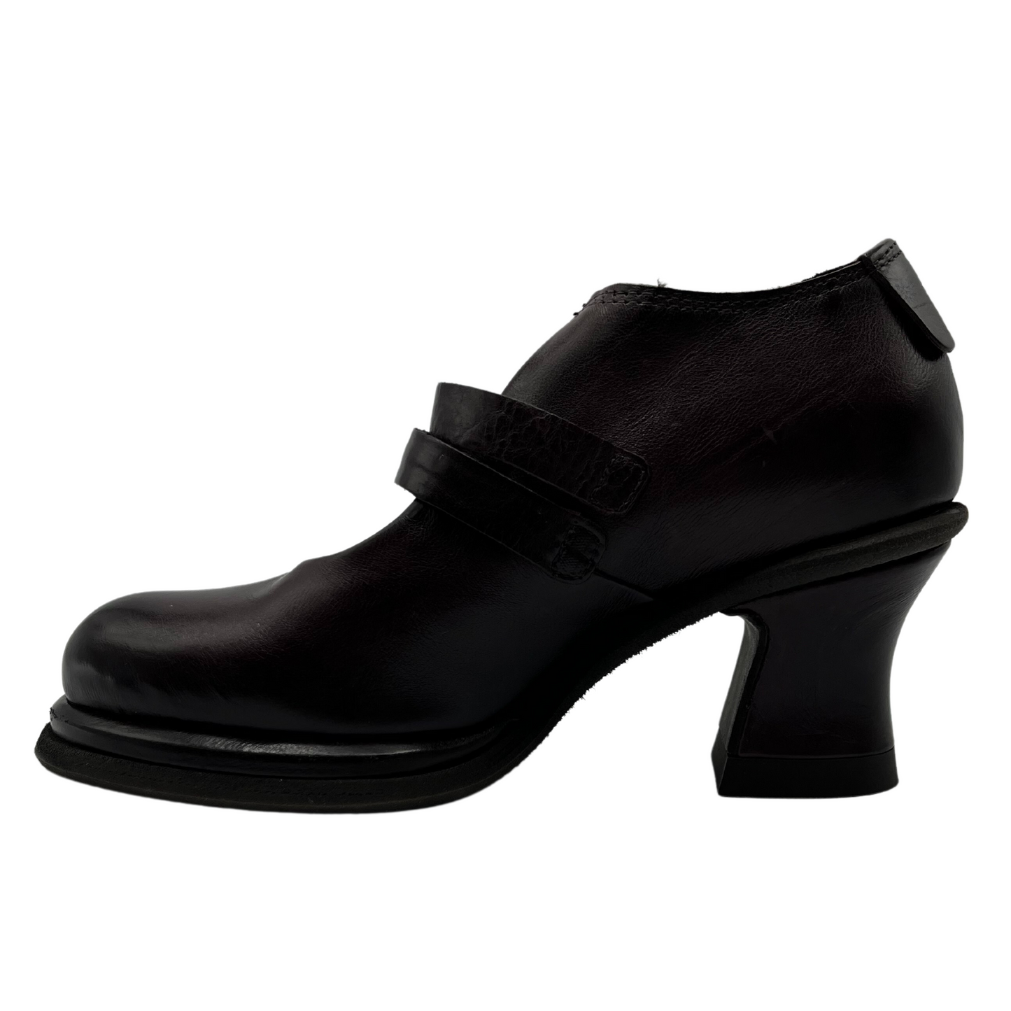 Left facing view of brown leather shoe with double straps and flared block heel