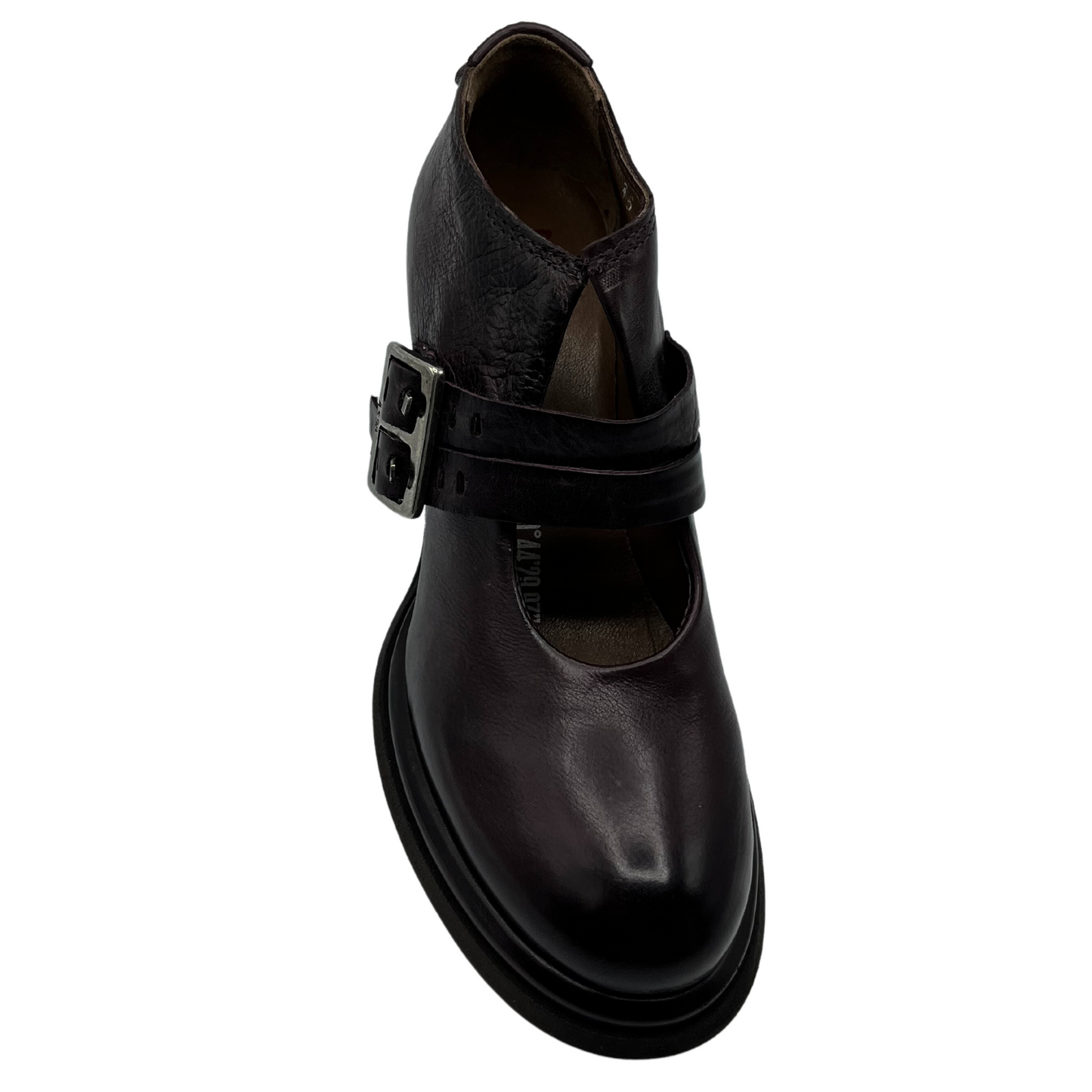 Top view of brown leather heel with double buckle straps ad rounded toe