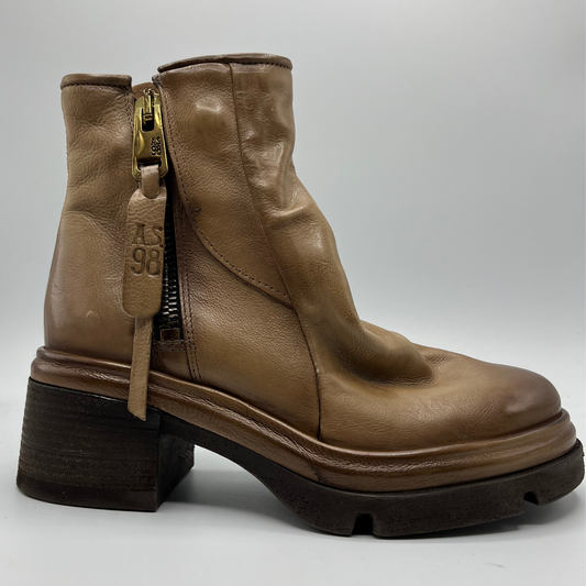 Brown leather boot with a gold zipper on a white background