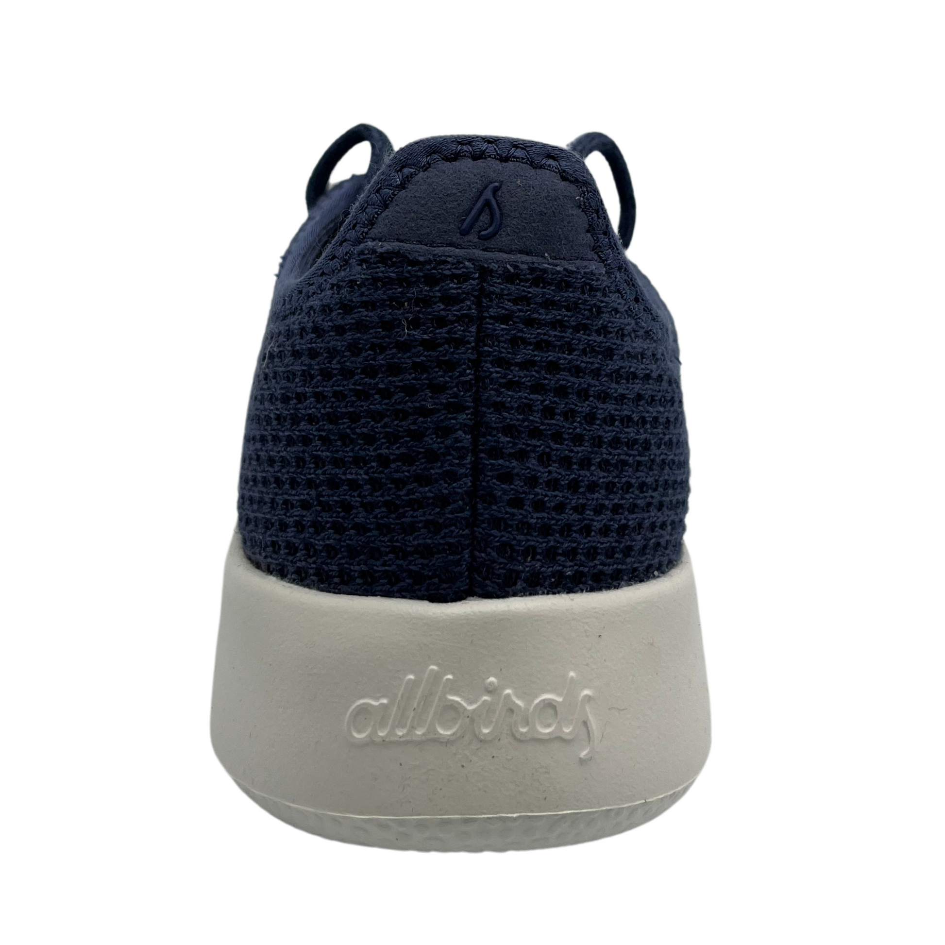 Back view of eucalyptus fiber running sneaker in a hazy indigo colour and white outsole.