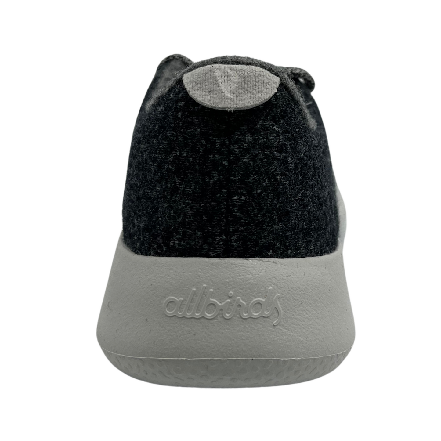 Back view of grey merino wool sneaker with matching laces and white outsole
