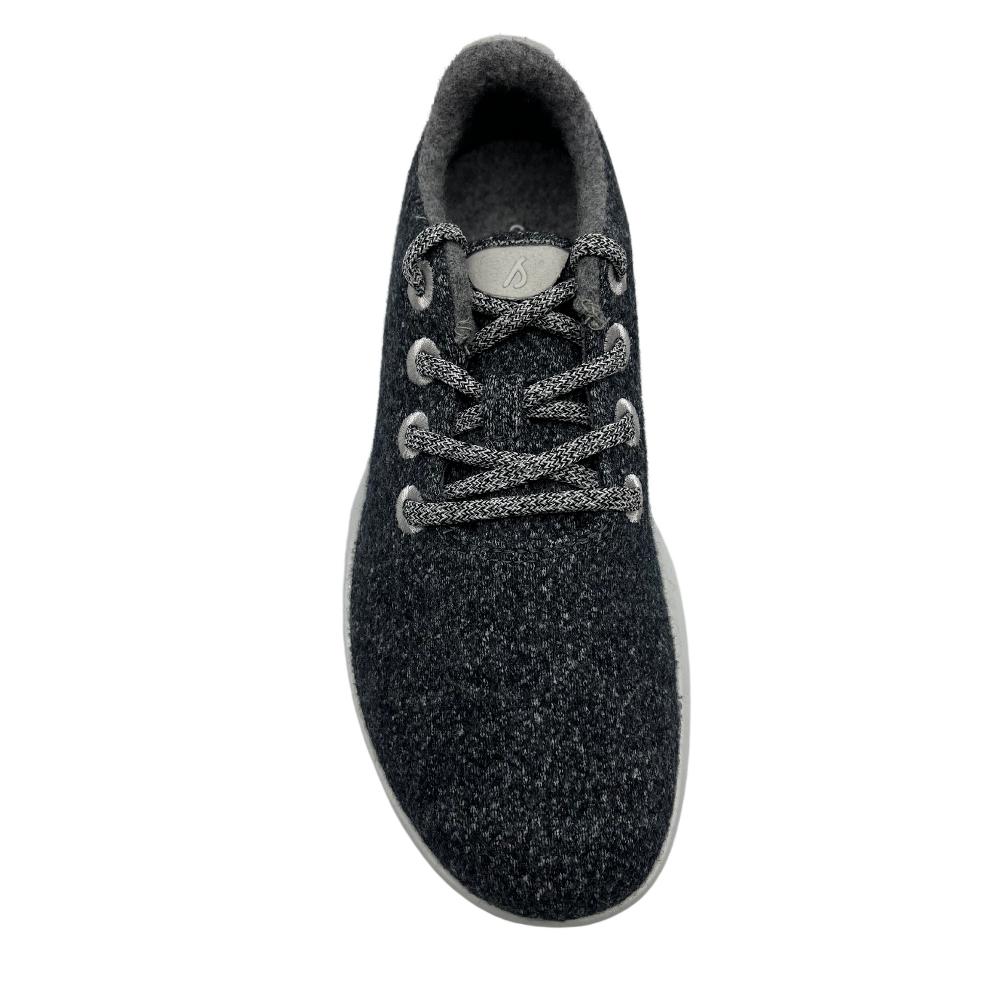 Top view of grey merino wool sneaker with matching laces and white outsole