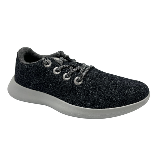 45 degree angled view of grey merino wool sneaker with matching laces and white outsole