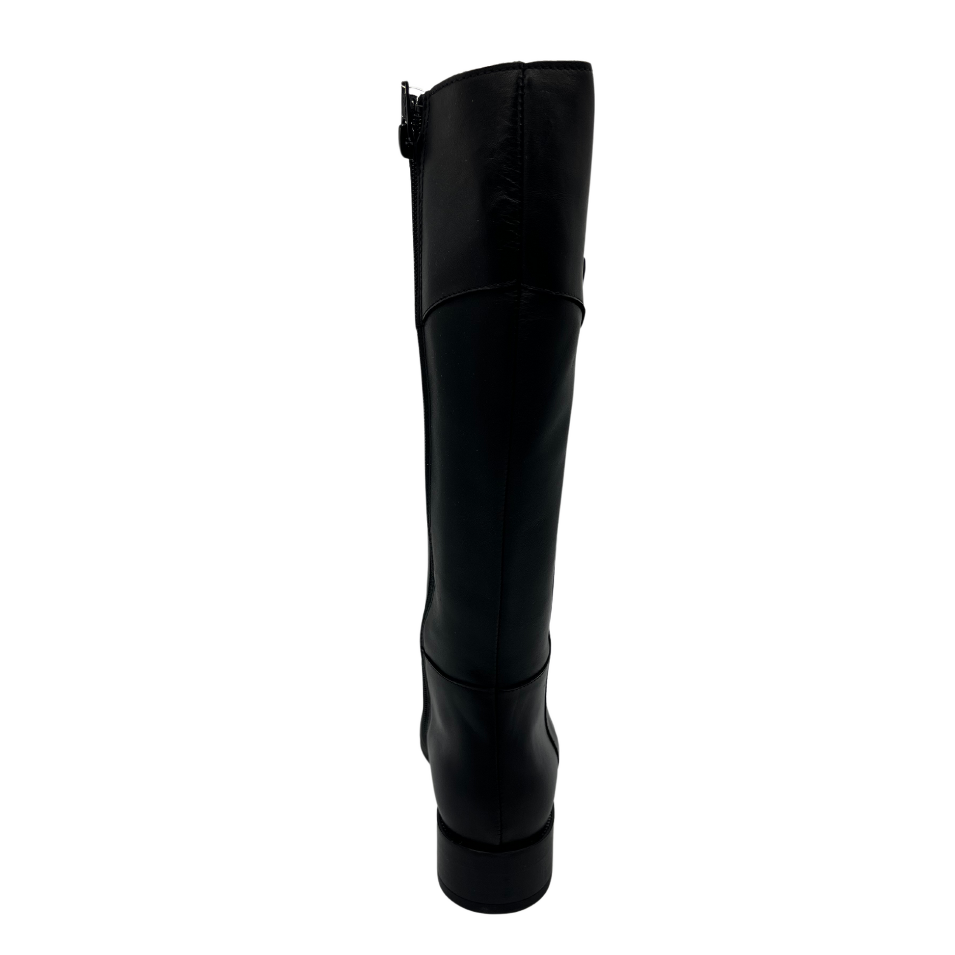 Back view of black leather riding boot with short block heel, rounded toe and gold bit detail