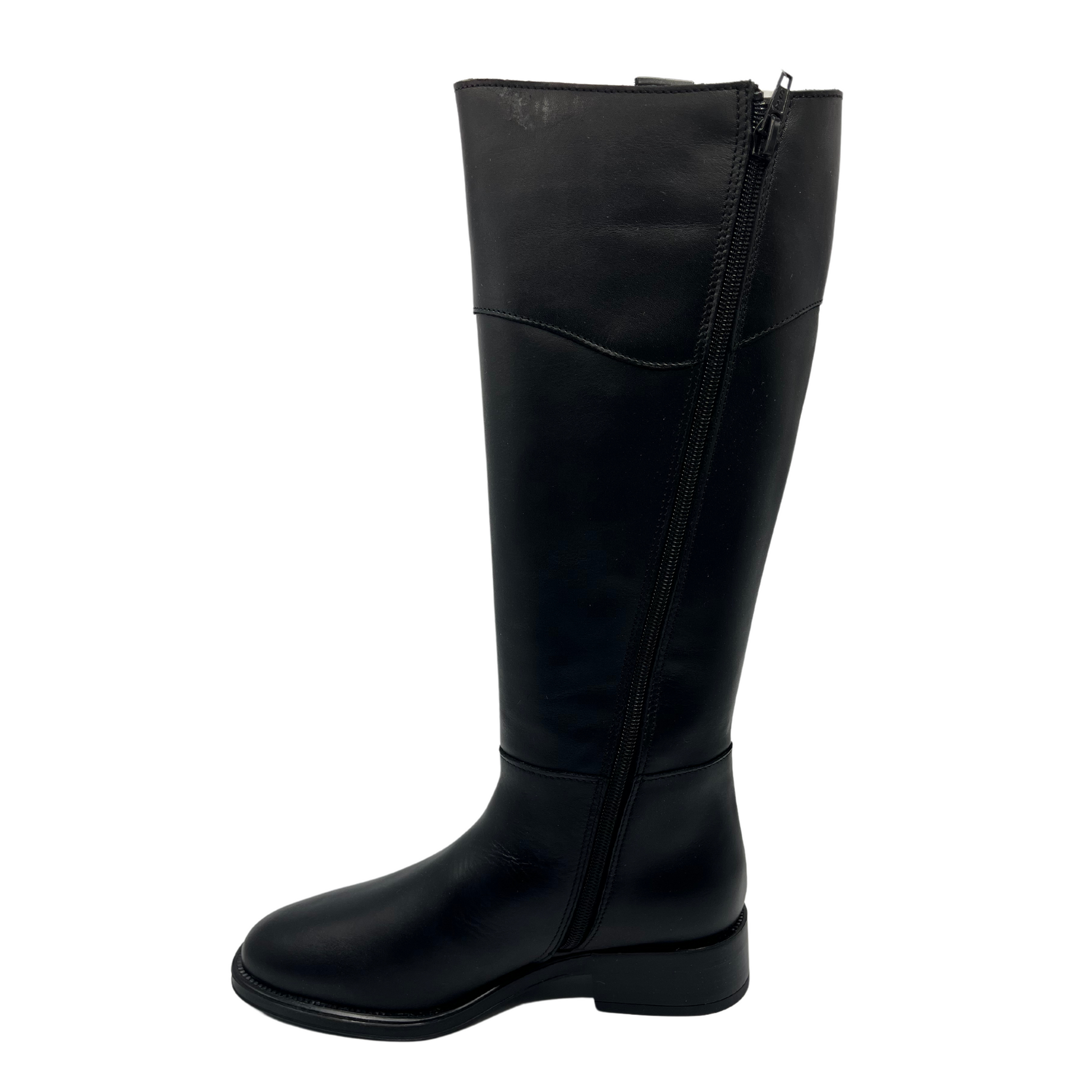 Left facing view of black leather riding boot with short block heel, rounded toe and gold bit detail