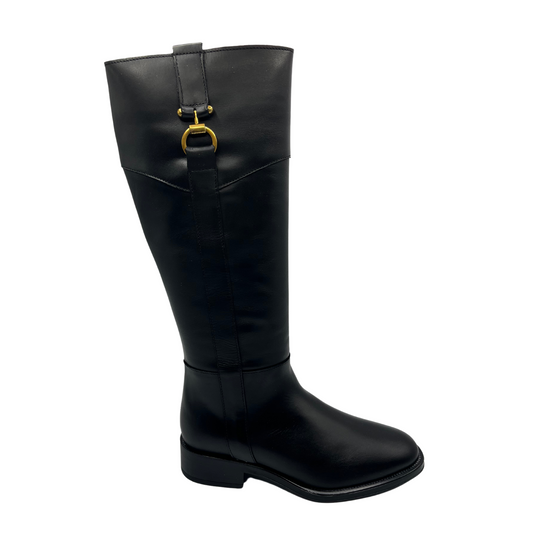 Right facing view of black leather riding boot with short block heel, rounded toe and gold bit detail