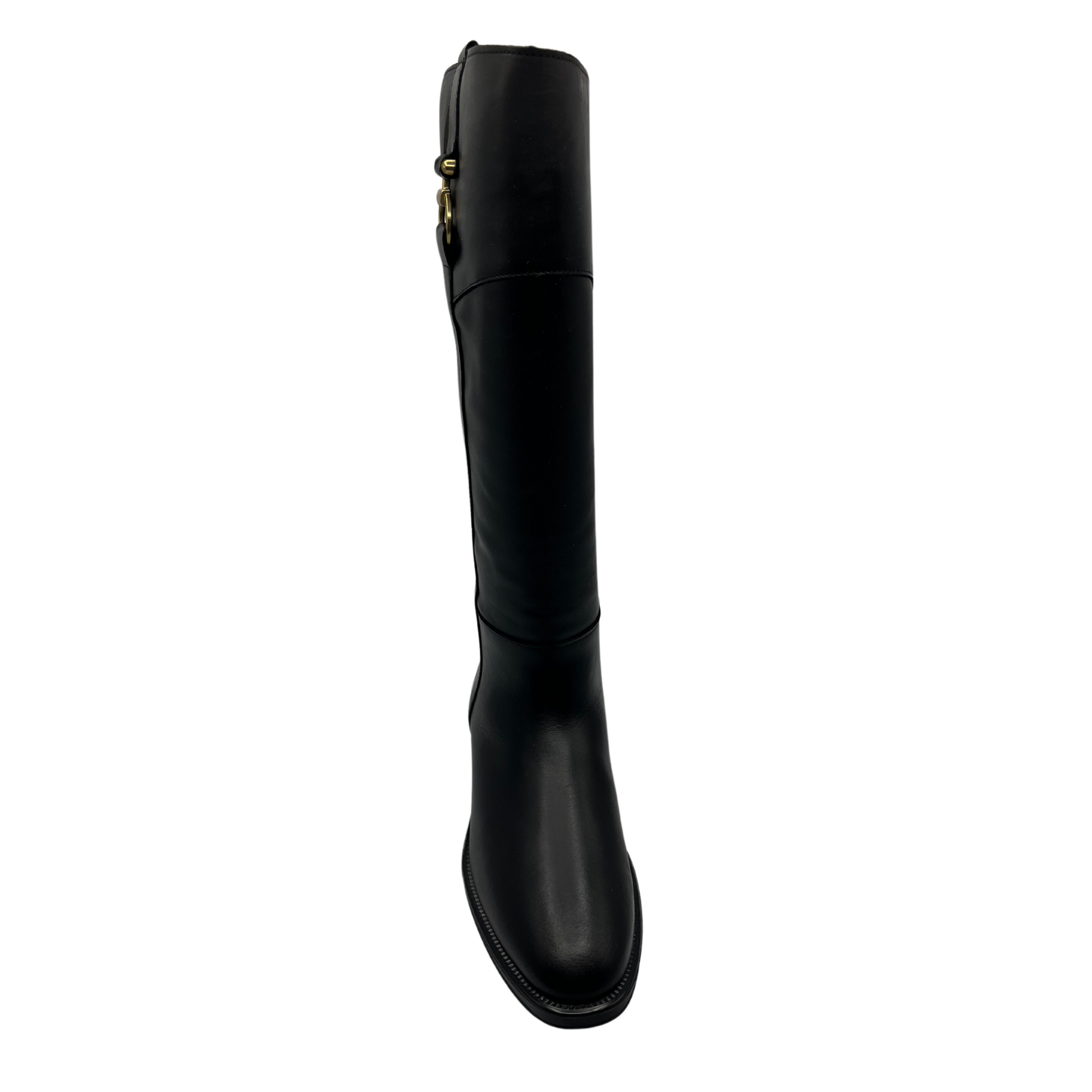 Top view of black leather riding boot with short block heel, rounded toe and gold bit detail