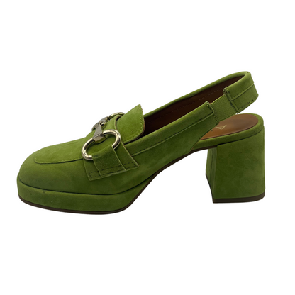 Left facing view of green suede sling back loafer with chunky heel and gold bit detail on upper