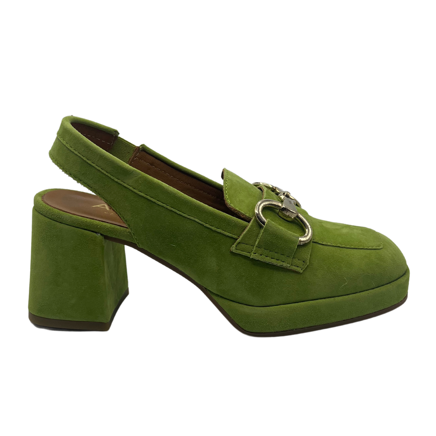 Right facing view of green suede sling back loafer with chunky heel and gold bit detail on upper