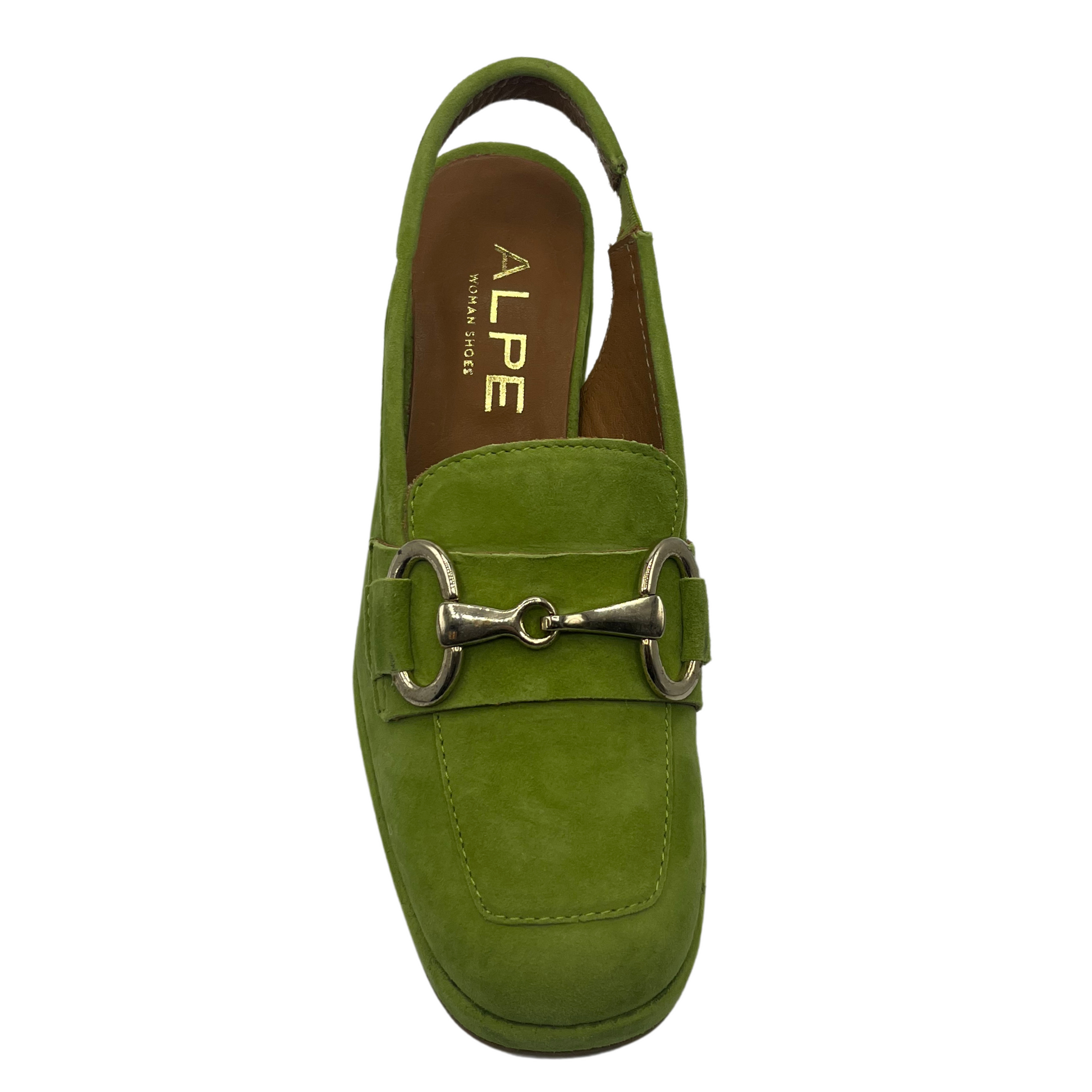Top view of green suede sling back loafer with chunky heel and gold bit detail on upper