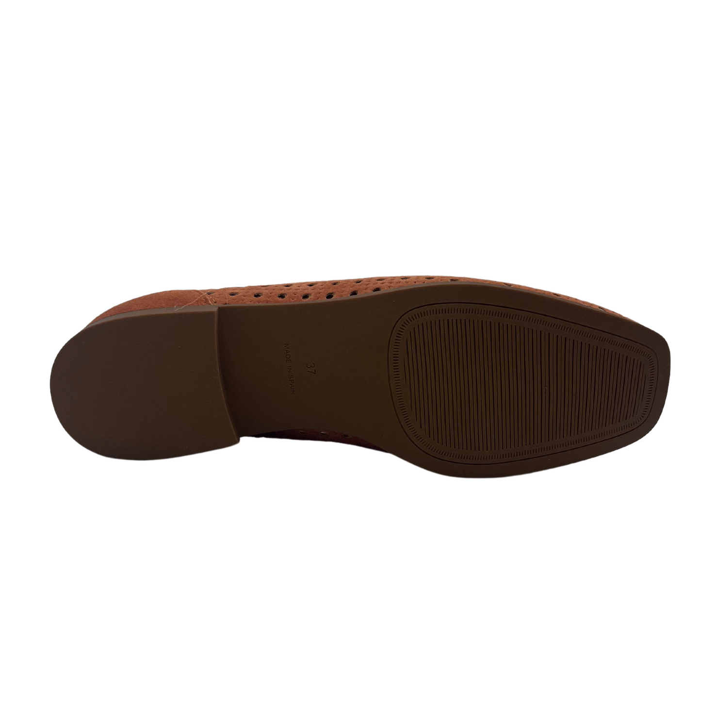 Bottom view of red brown perforated suede loafer with matching bit detail and low heel