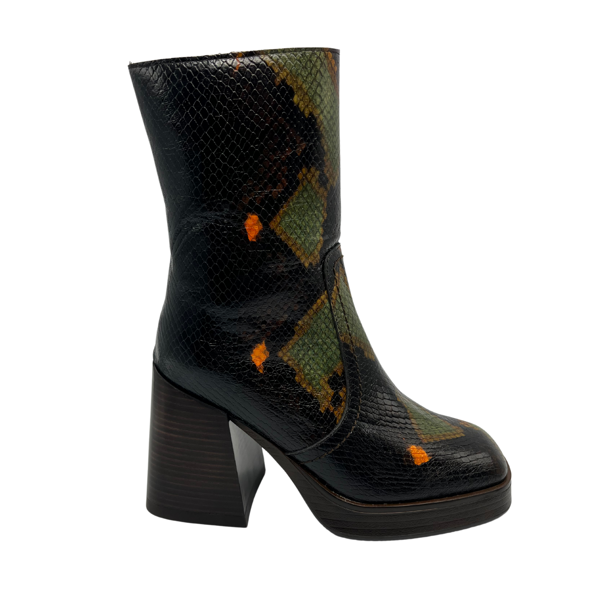Right facing view of leather, snake print short boot. Chunky block heel, slightly squared toe and platform sole