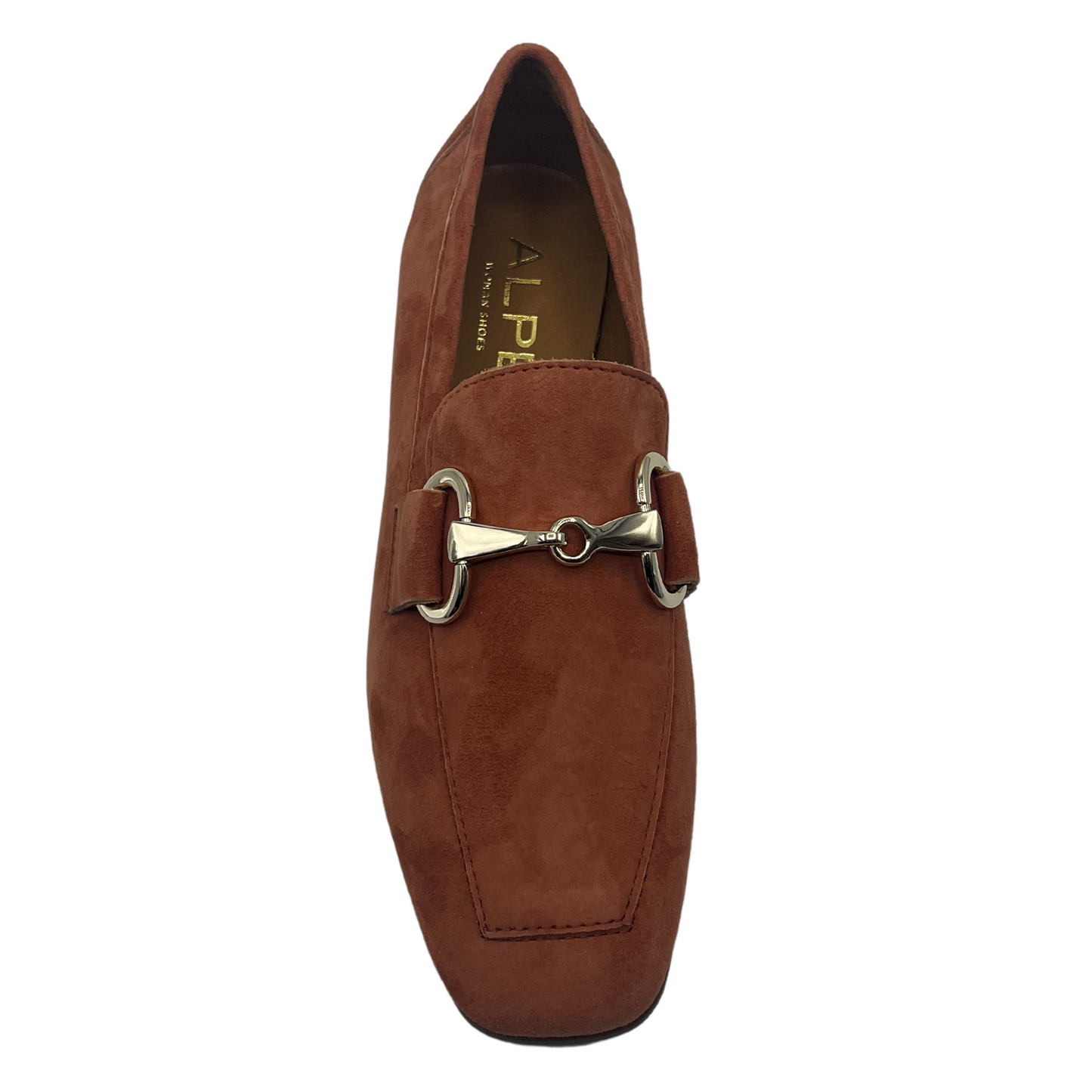 Top view of red brown suede loafer with silver bit detail on upper, square toe and low heel