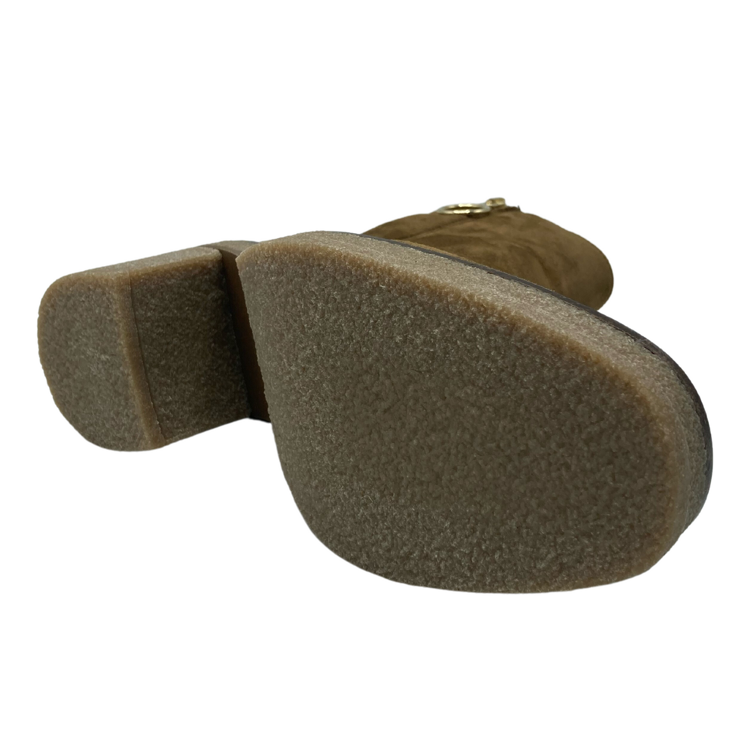 Bottom view of brown suede short boot with natural rubber sole