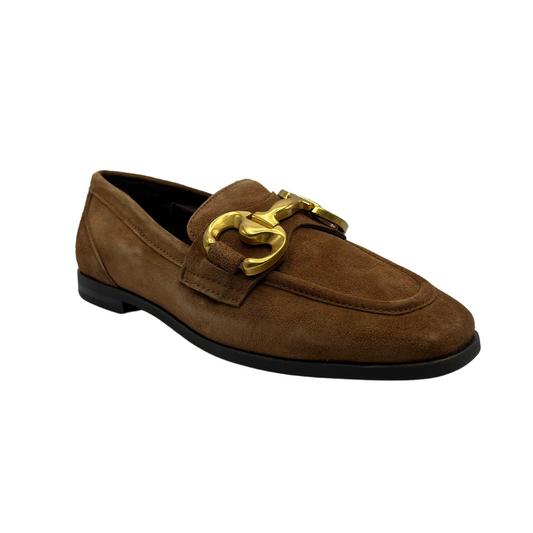 45 degree angled view of brown suede loafers with slight block heel and gold bit detail on the upper.