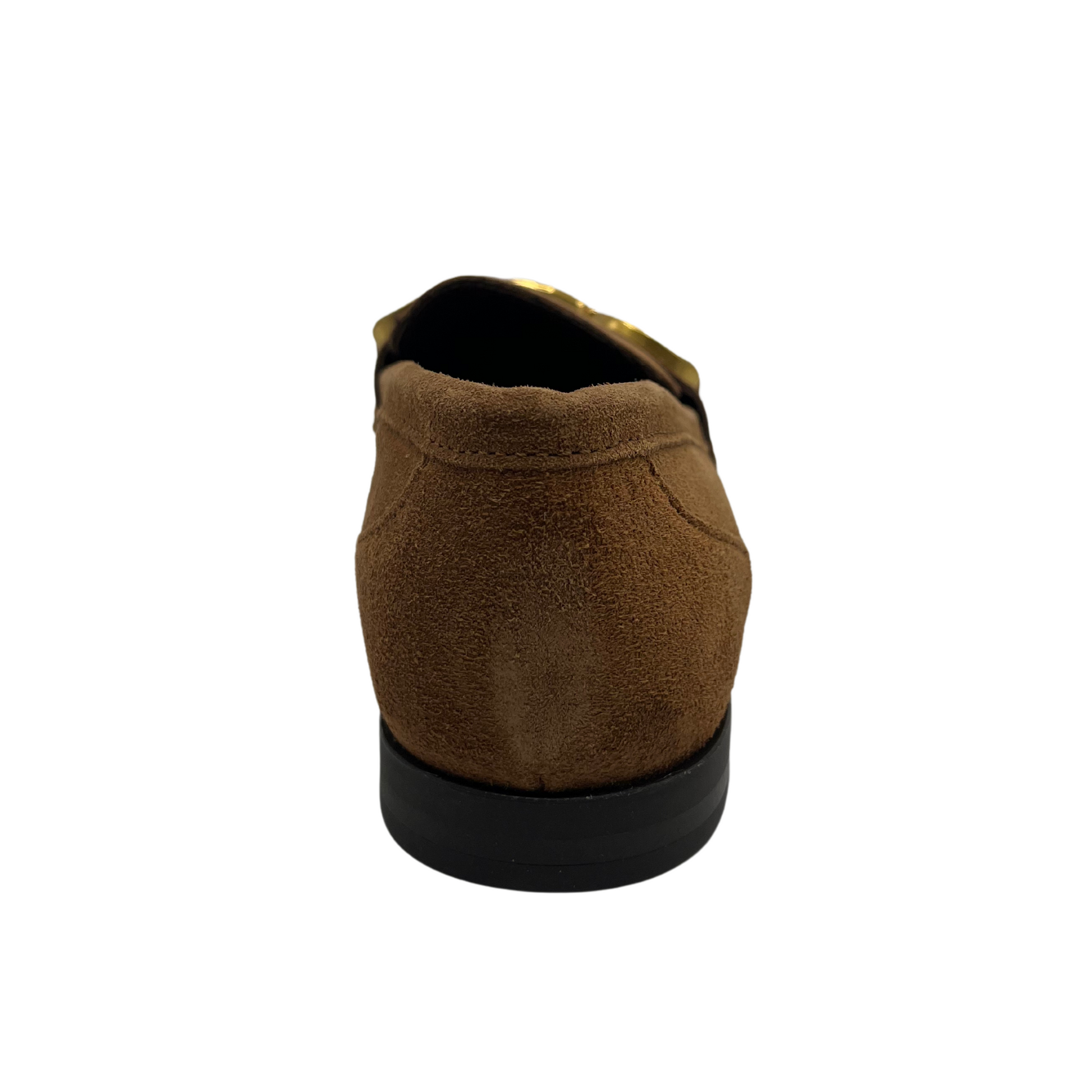 Back view of brown suede loafers with slight block heel and gold bit detail on the upper.