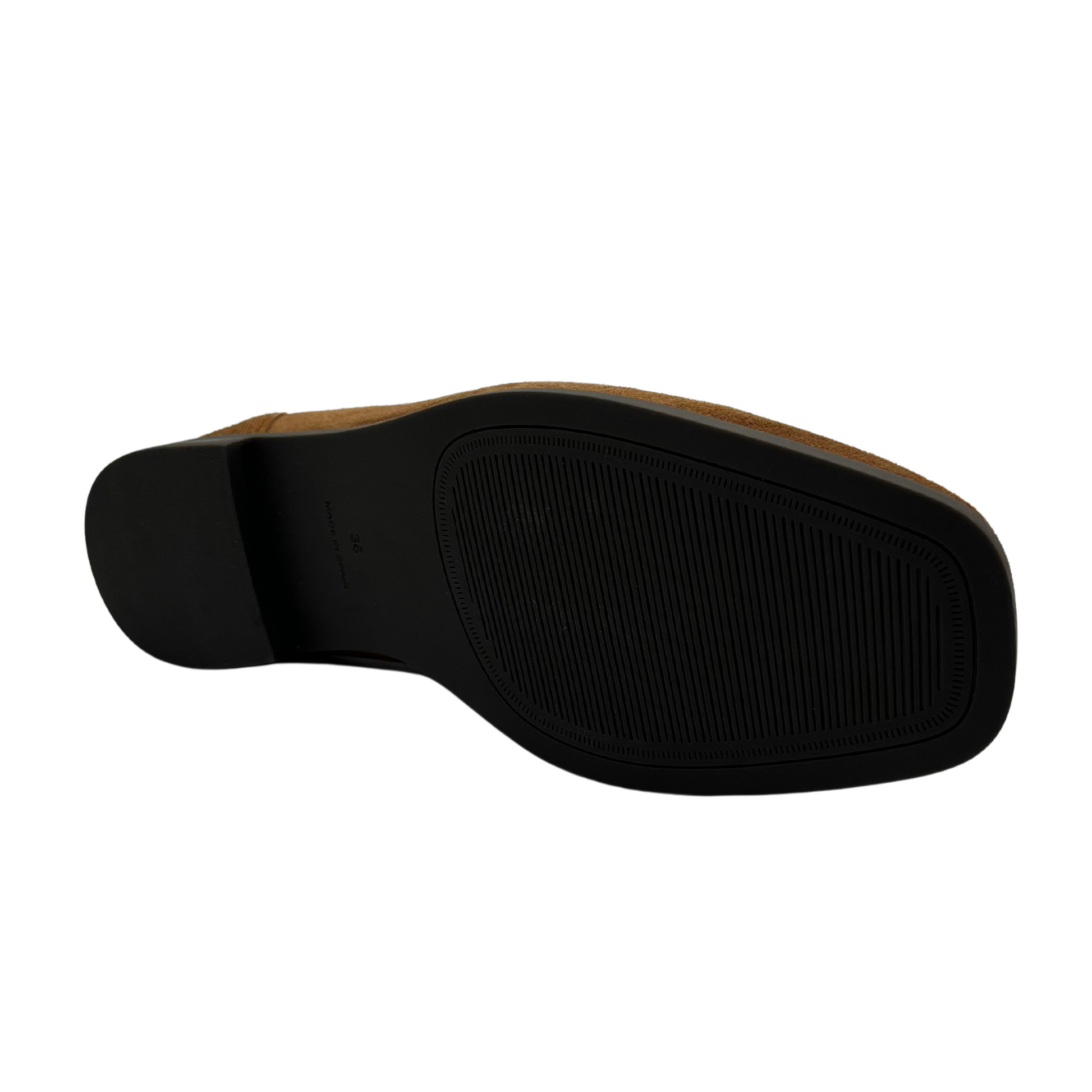 Bottom view of brown suede loafers with slight block heel and gold bit detail on the upper.