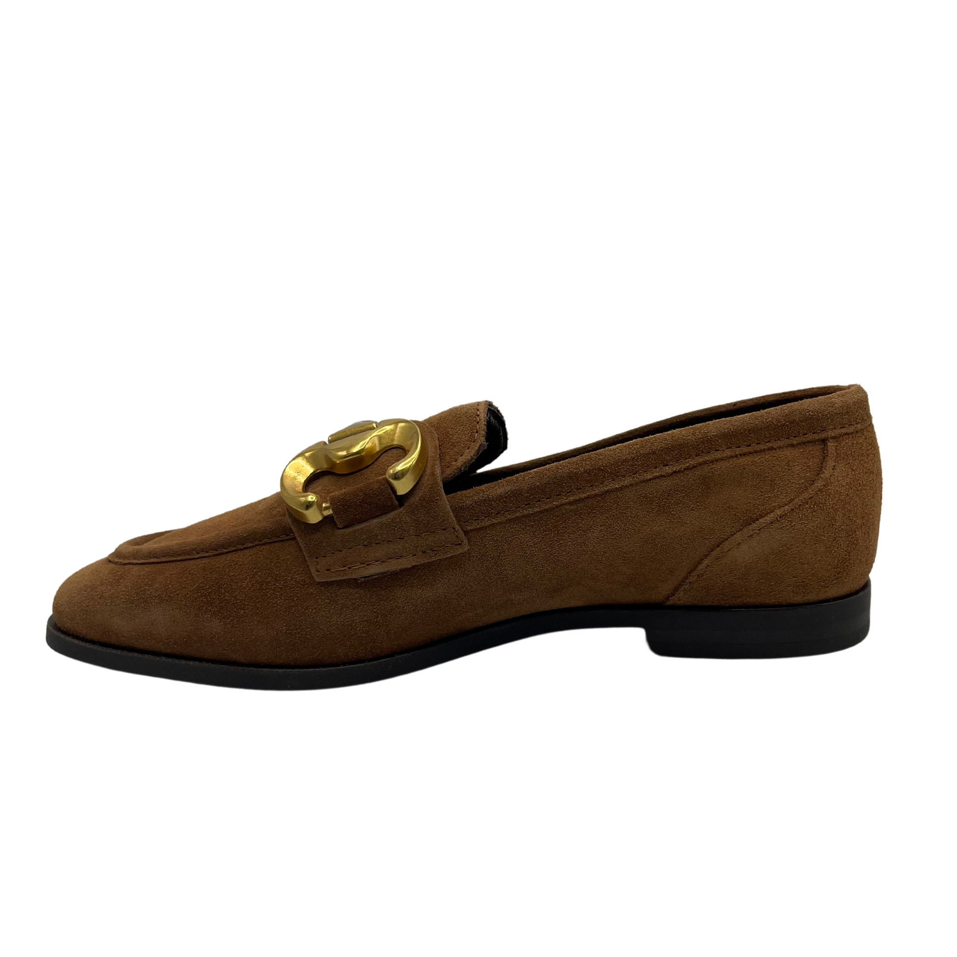 Left facing view of brown suede loafers with slight block heel and gold bit detail on the upper.