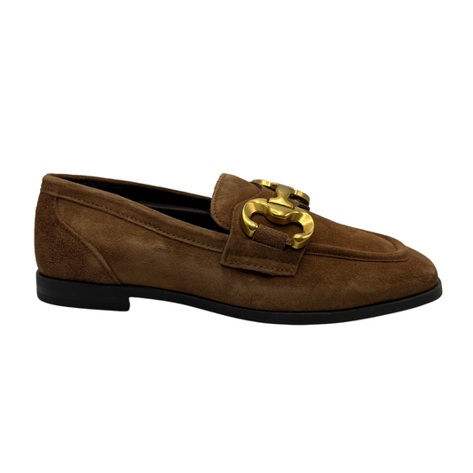 Right facing view of brown suede loafers with slight block heel and gold bit detail on the upper.