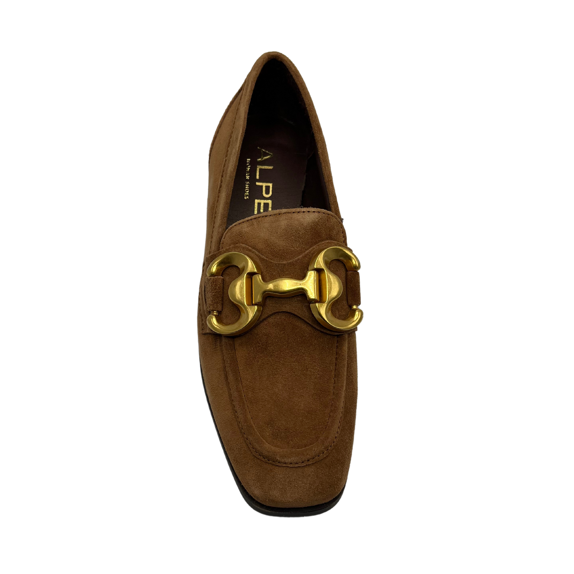 Top view of brown suede loafers with slight block heel and gold bit detail on the upper.