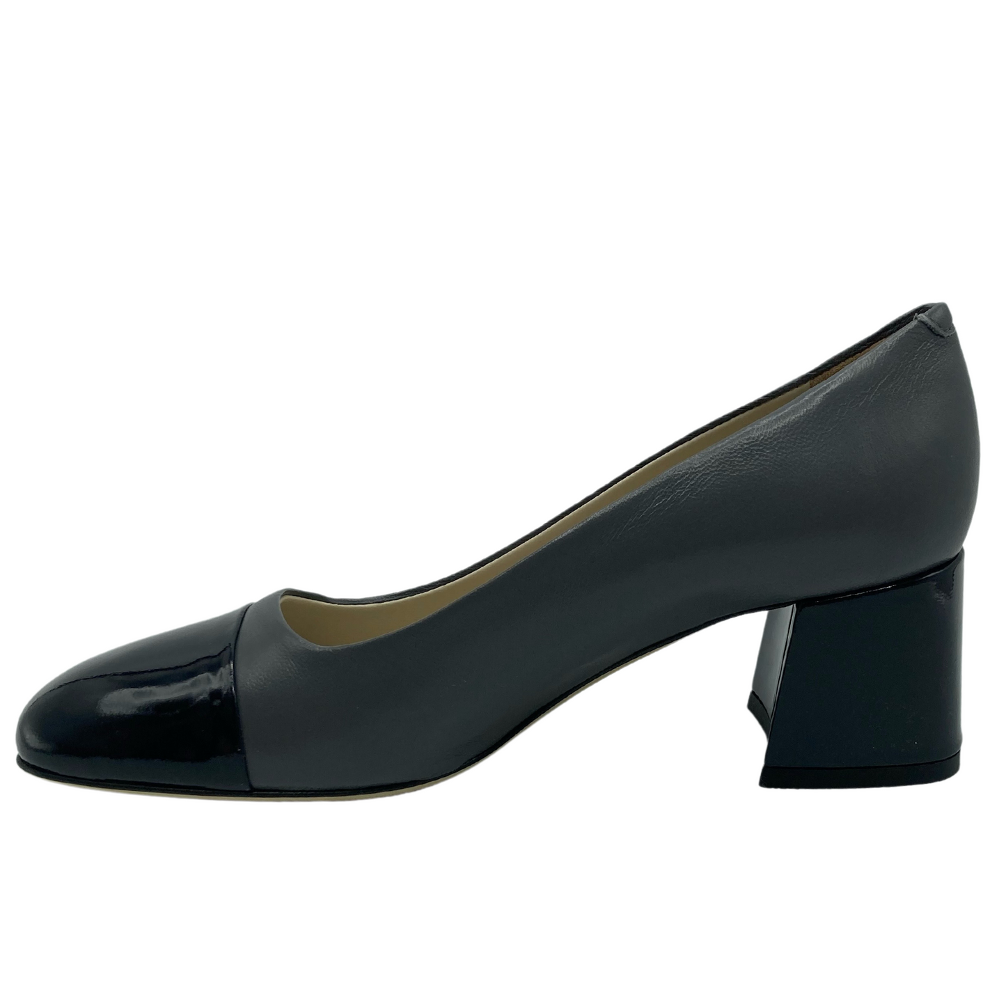 Left facing view of grey and black leather black heeled pump with leather lining