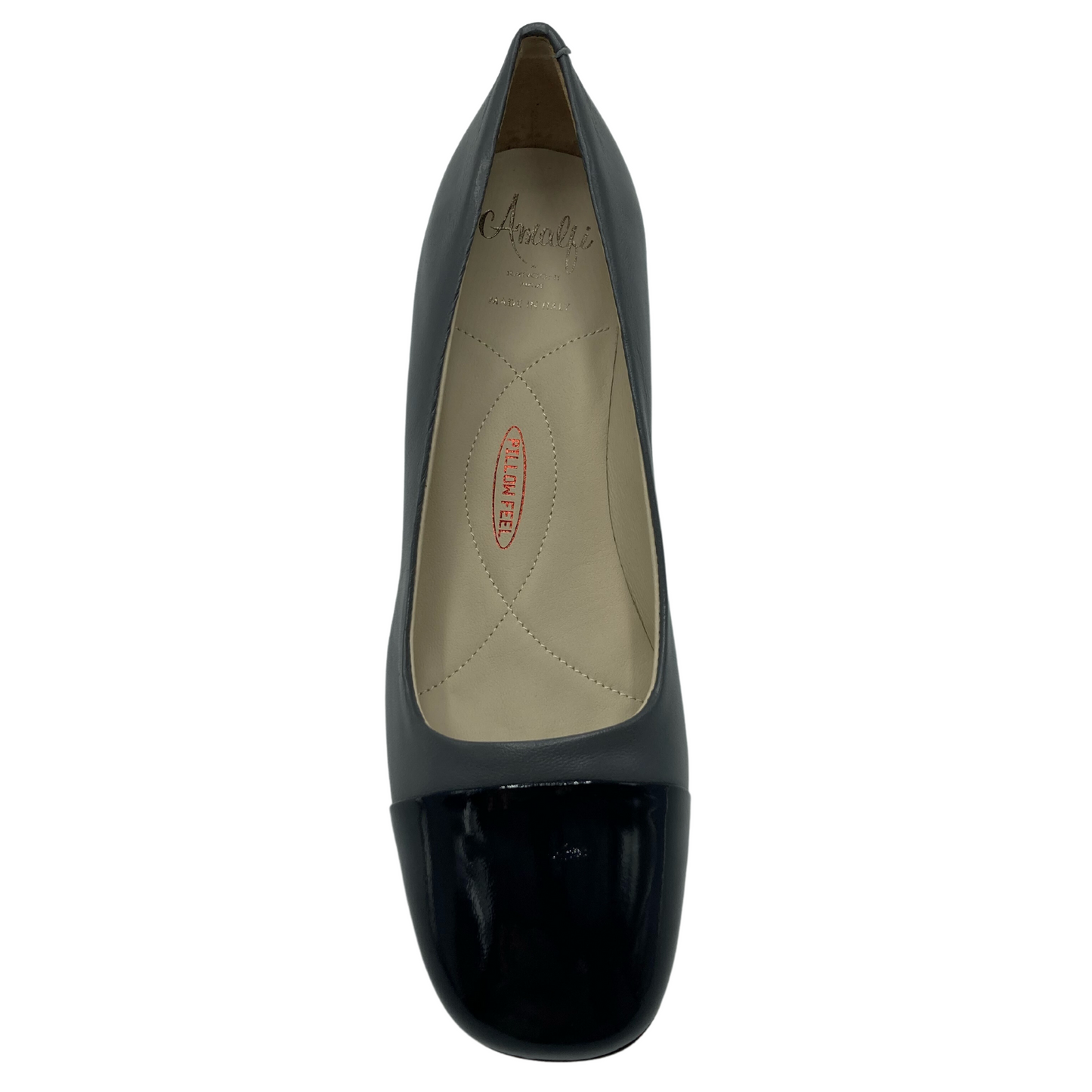 Top view of grey leather pump with navy toe cap and light leather lining