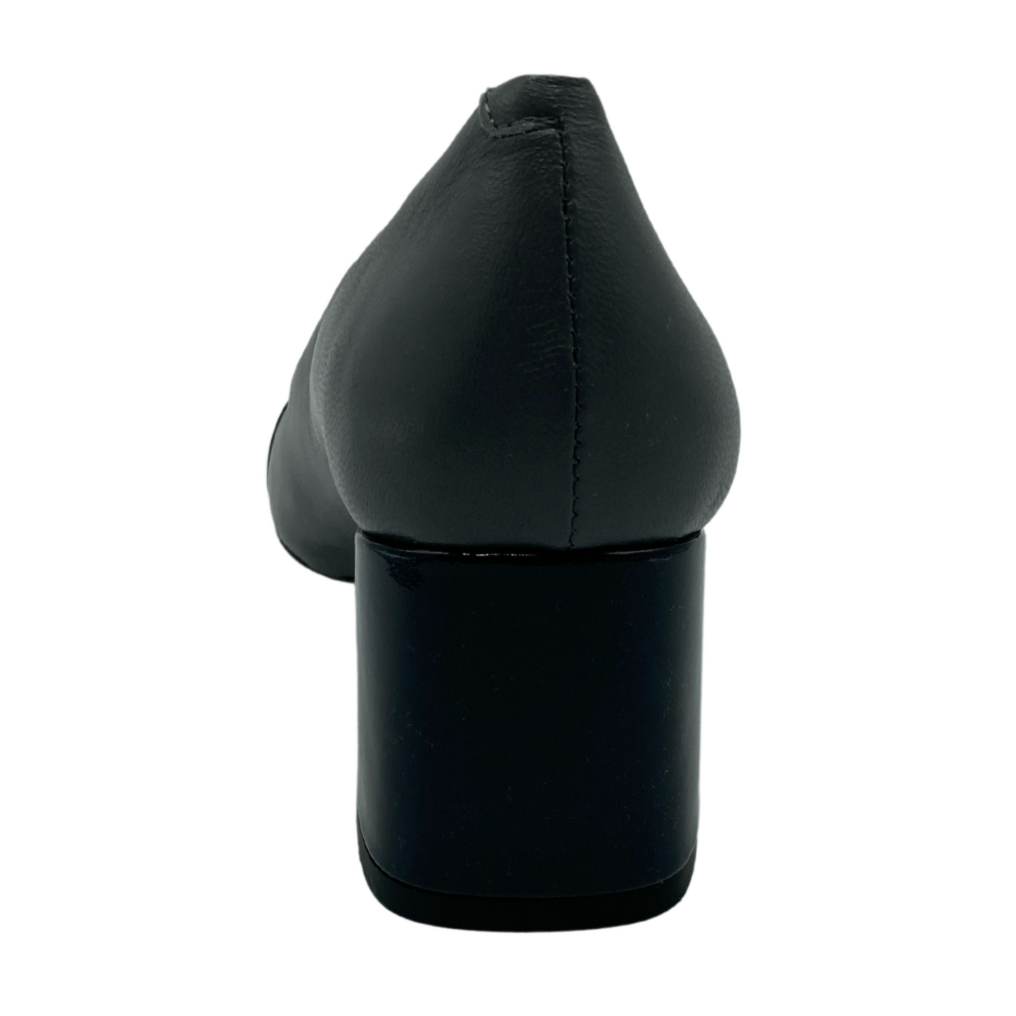 Back view of grey leather pump with 2 inch navy black heel