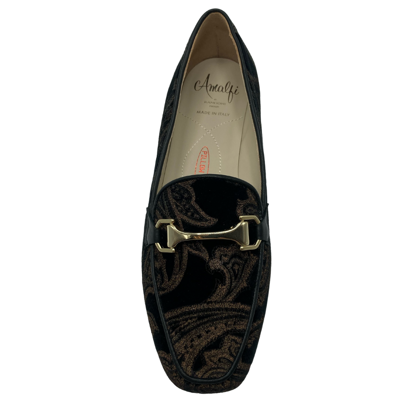 Top view of brown and gold square toed loafer with leather lining and gold detail on upper