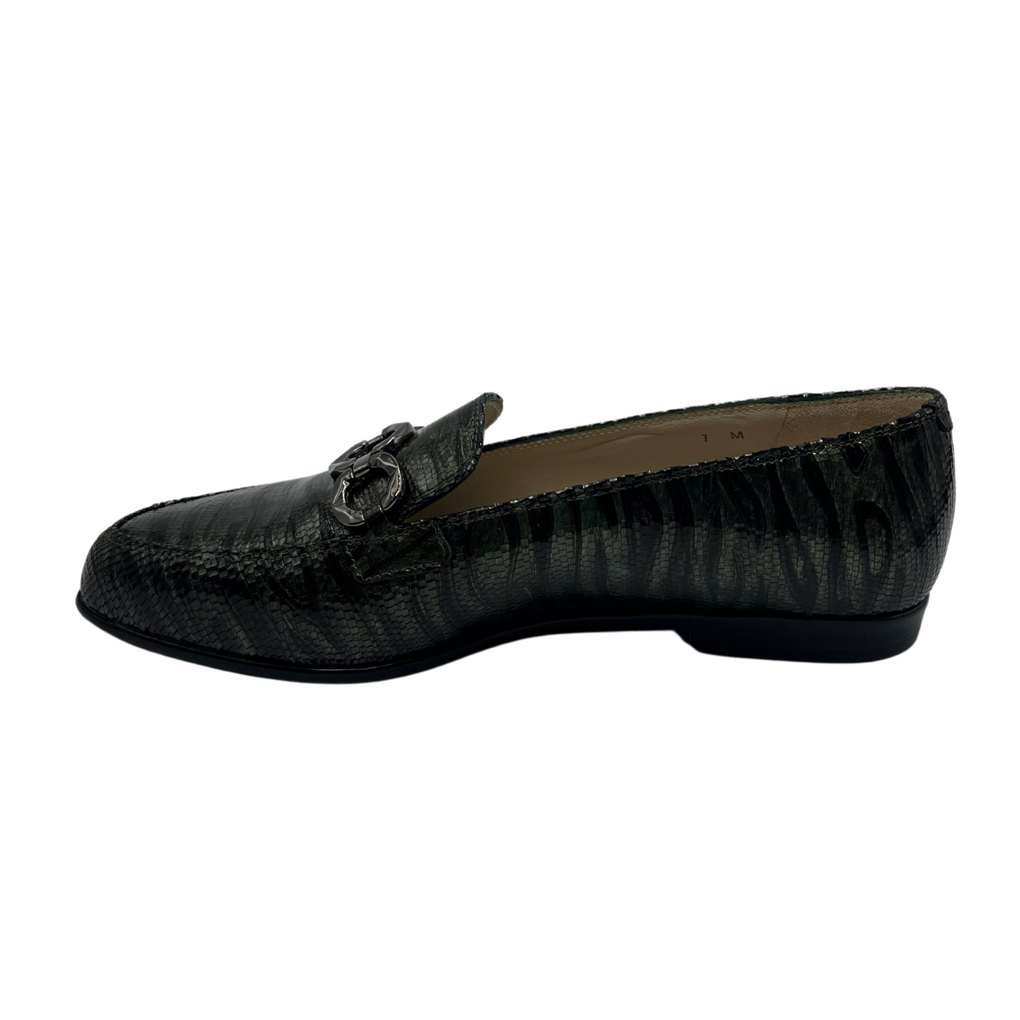 Left facing view of dark tiger print loafer with a shiny finish and metallic chain detail on upper.