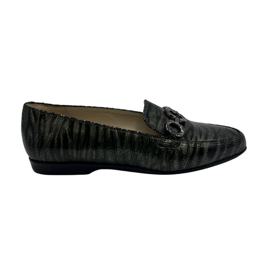 Right facing view of dark tiger print loafer with a shiny finish and metallic chain detail on upper.