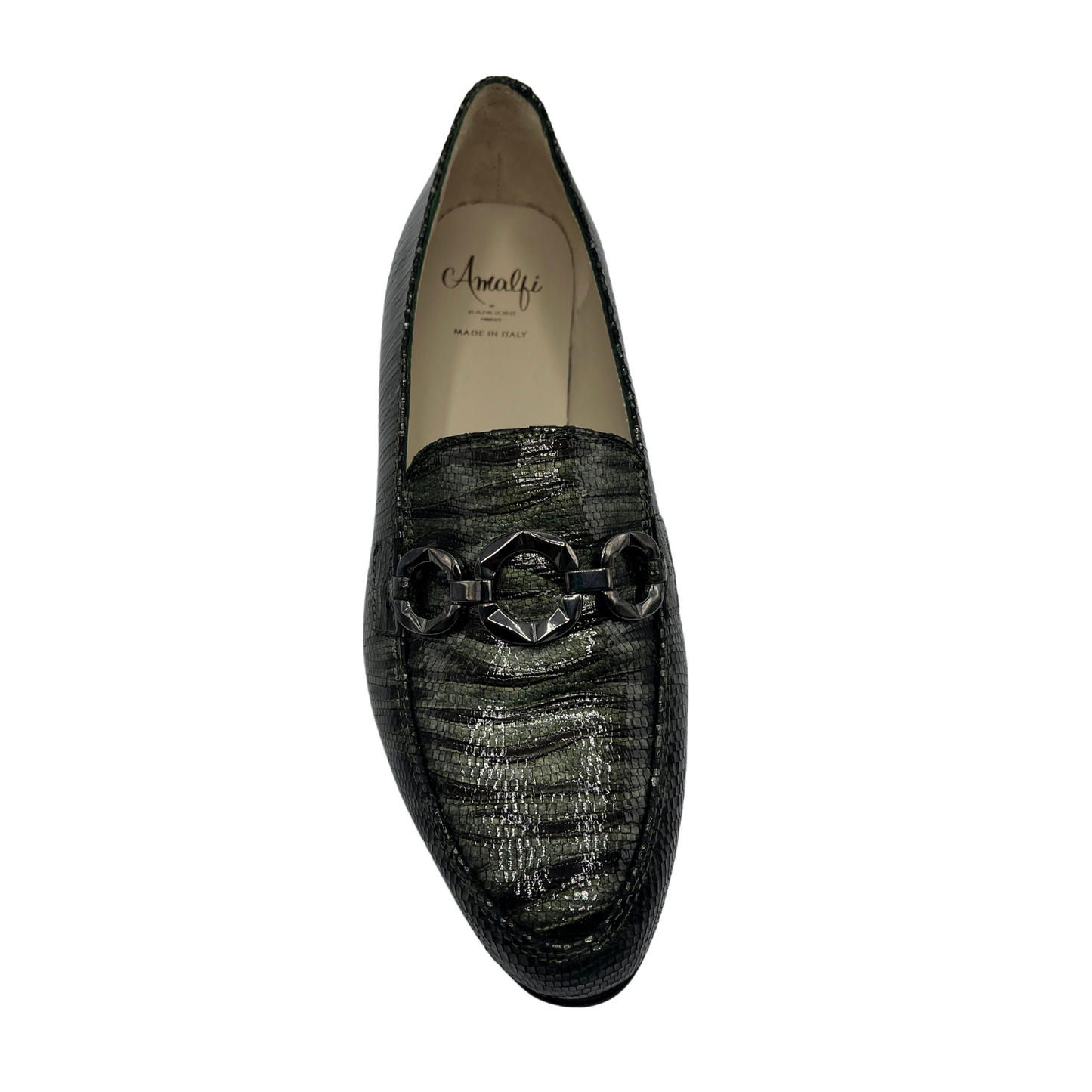 Top view of dark tiger print loafer with a shiny finish and metallic chain detail on upper.