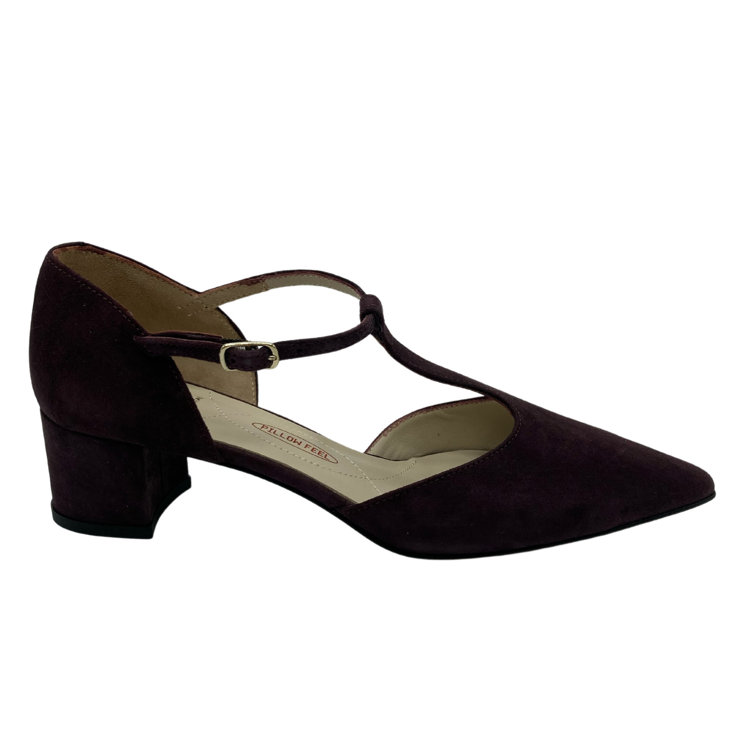 Right facing view of pointed toe pump with pillow-feel insole with block heel