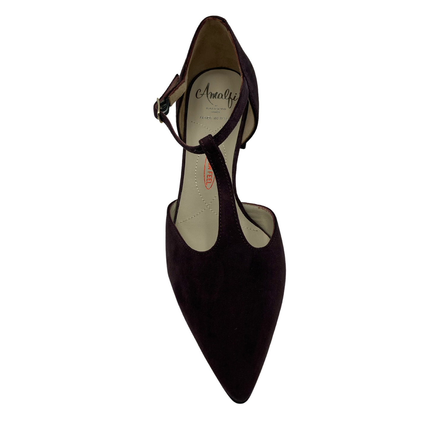 Top view of pointed toe pump with small upper straps