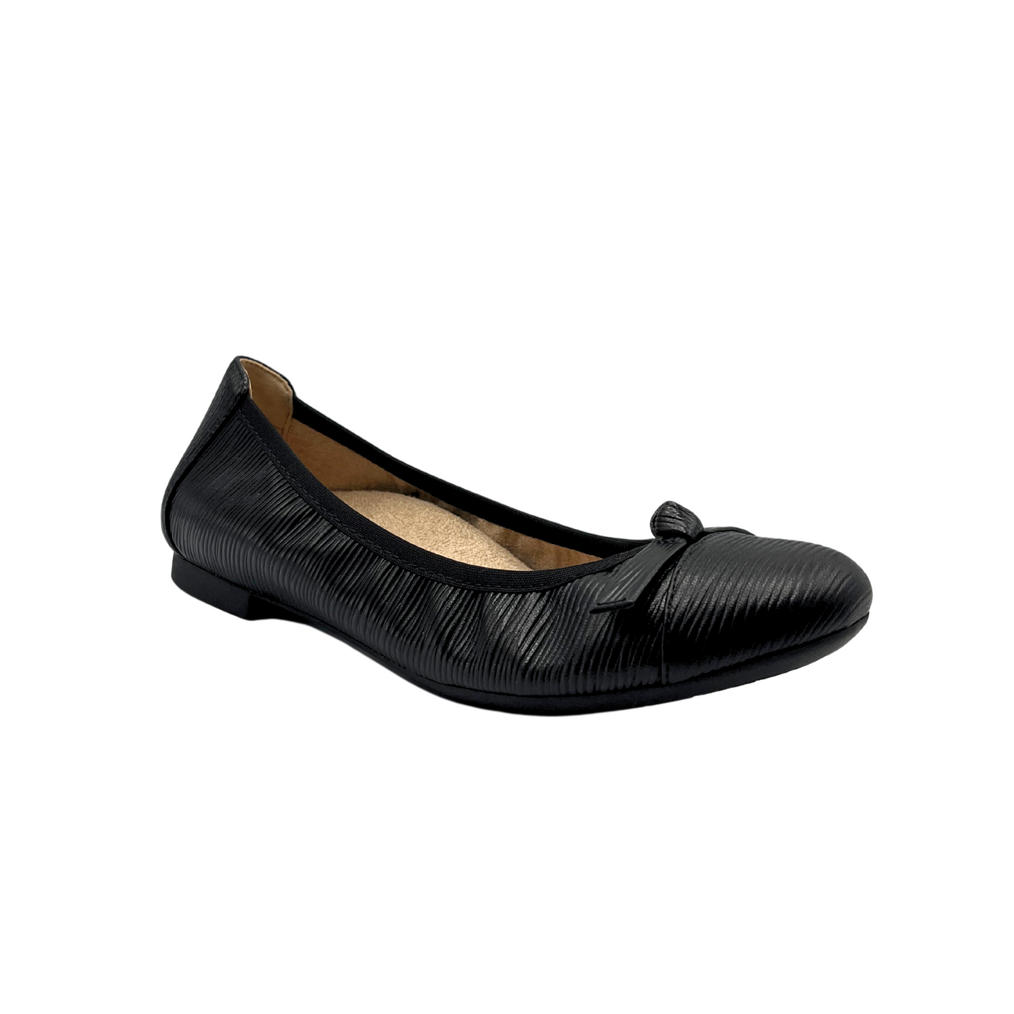 Anlge side view of a black leather ballet flat. Removable, ergonomic insole with great arch support