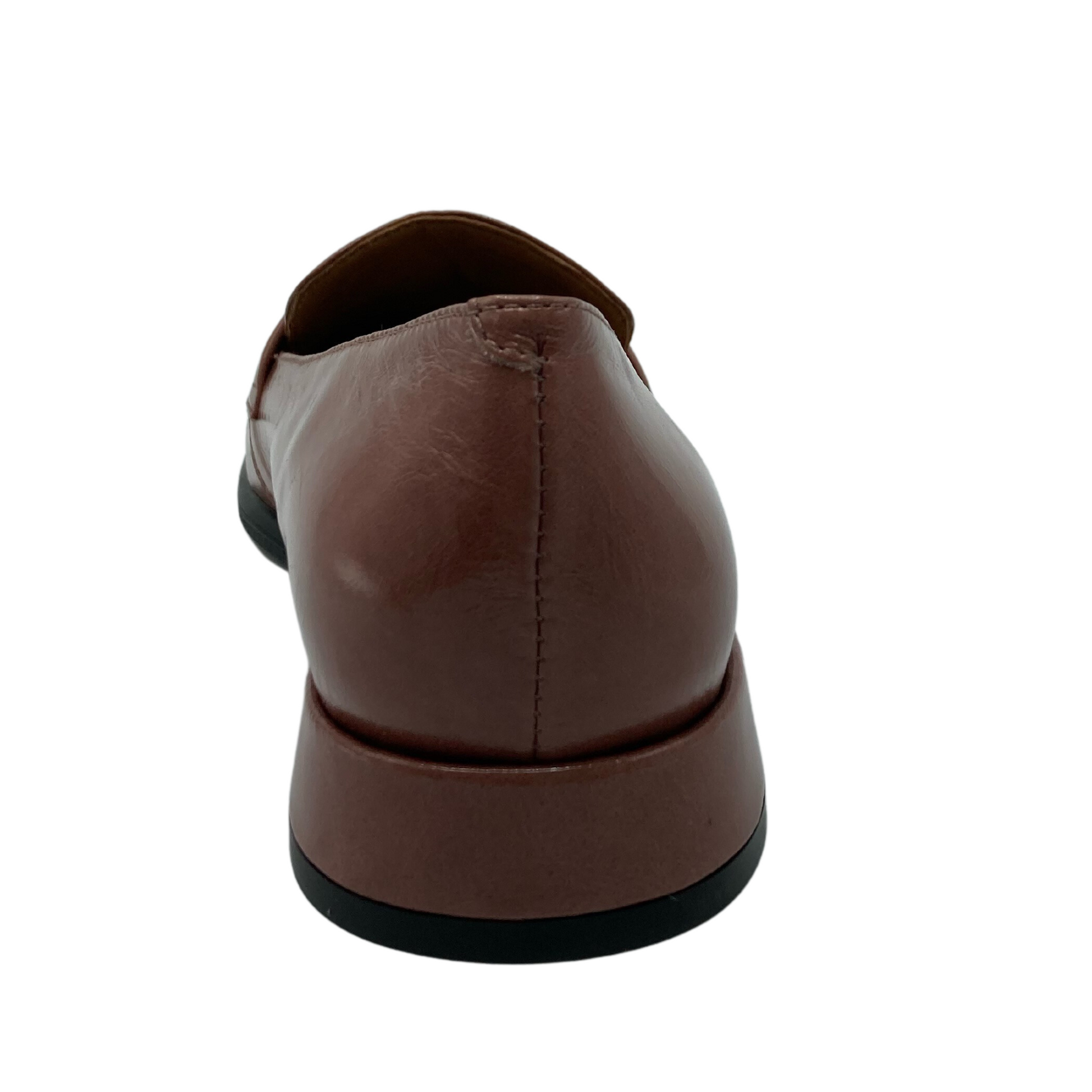 Back view of brown leather loafer with low heel