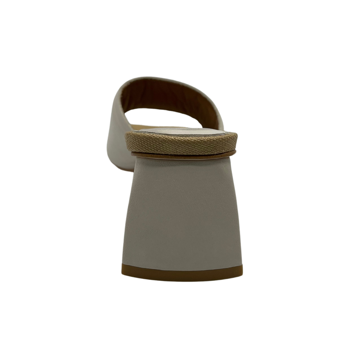 Back view of cream coloured leather slip on sandal with square toe, wrapped block heel and padded insole