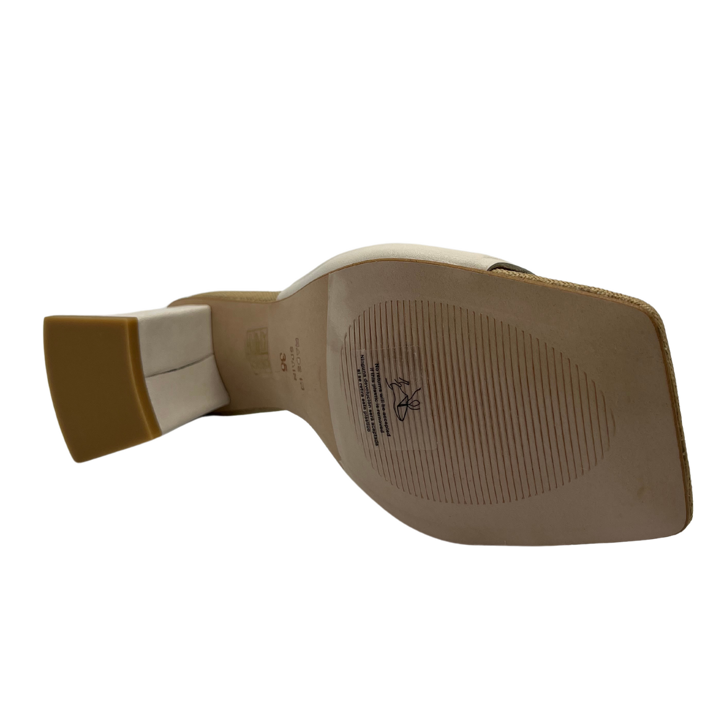 Bottom view of cream coloured leather slip on sandal with square toe, wrapped block heel and padded insole