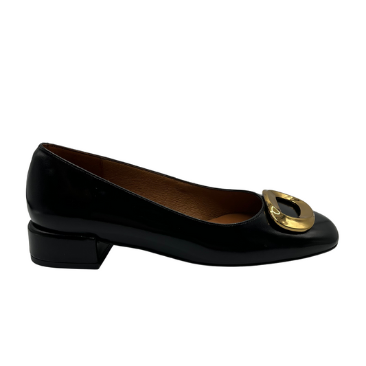 Right facing view of black patent leather ballet flat with 2.5cm heel, rounded toe and gold detail.