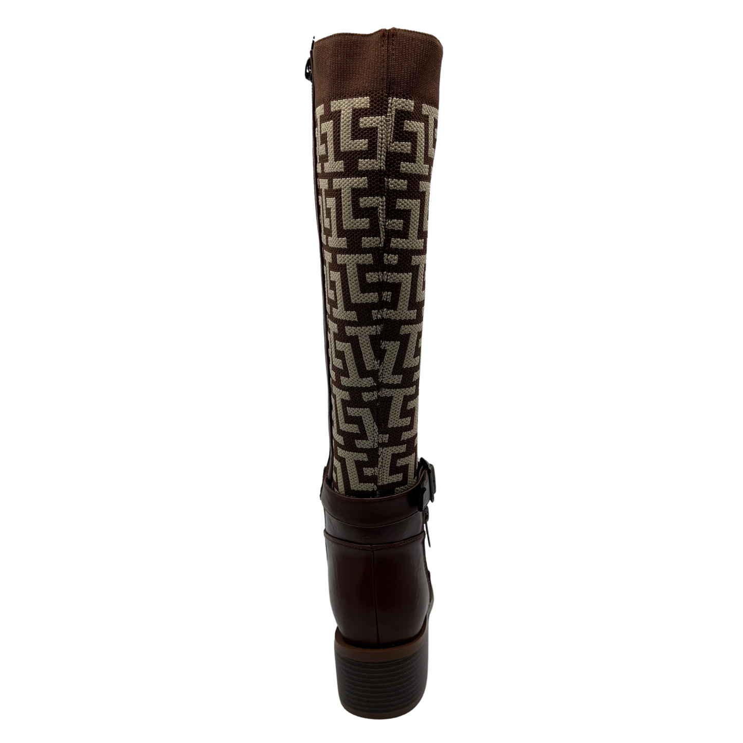 Back view of tan leather boots with zipper closure, block heel and rounded toe