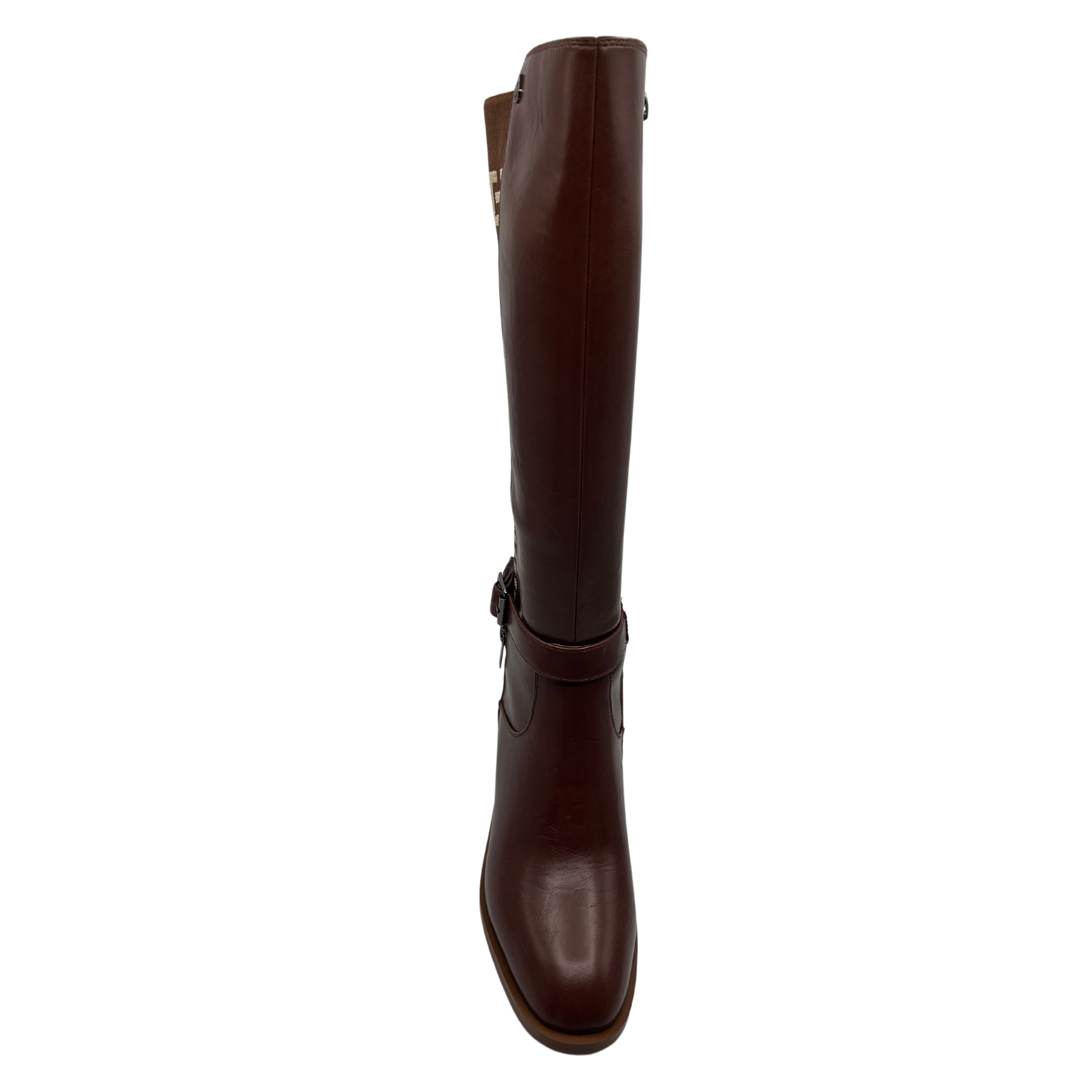 Top view of tan leather boots with zipper closure, block heel and rounded toe