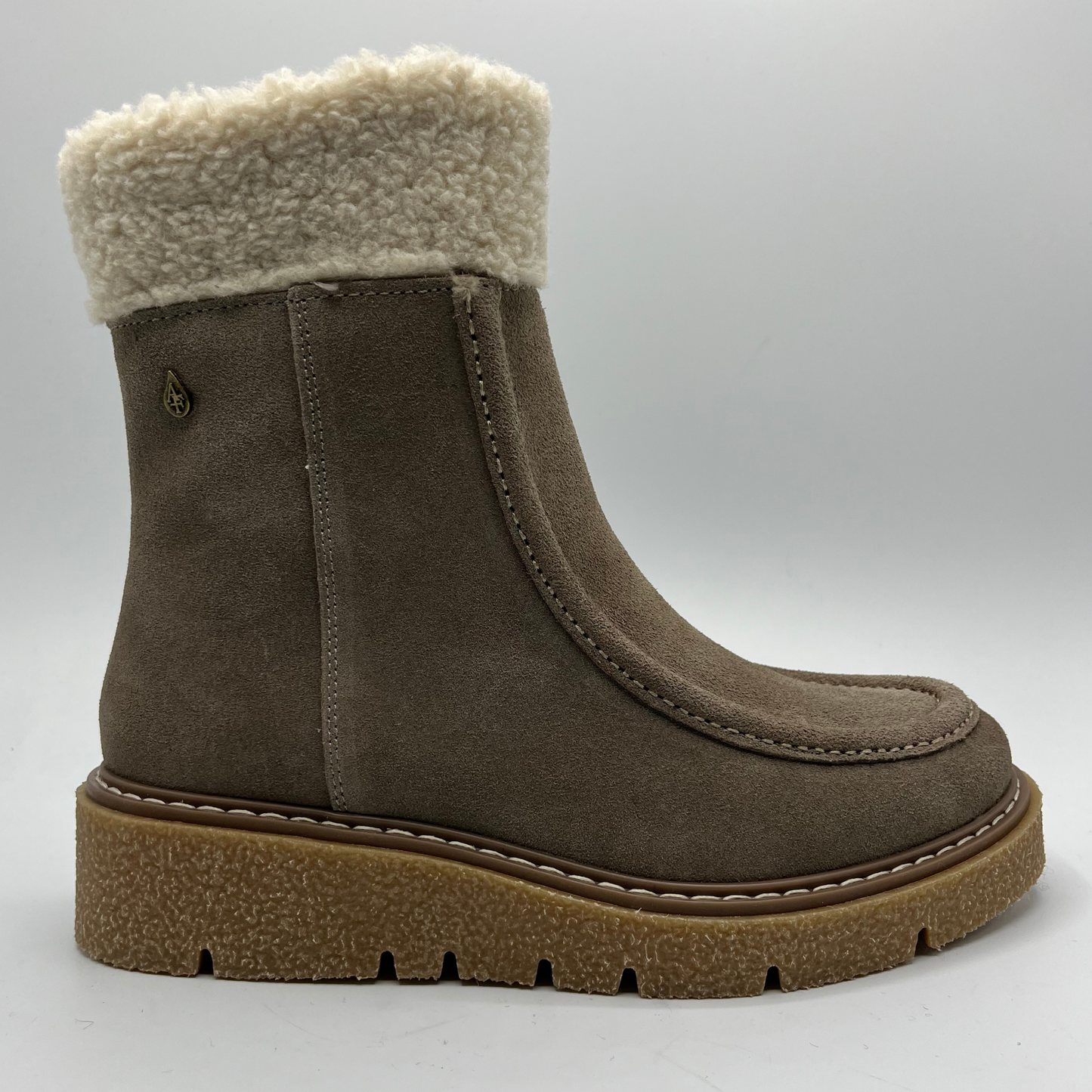Brown suede boot with white fur lining on a light gray background