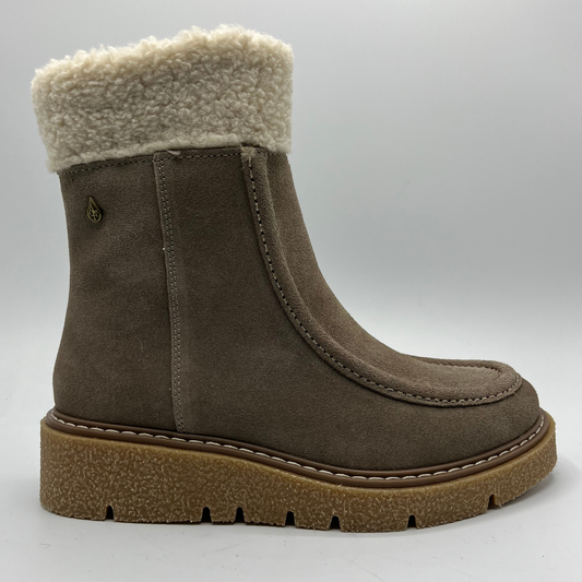 Brown suede boot with white fur lining on a light gray background