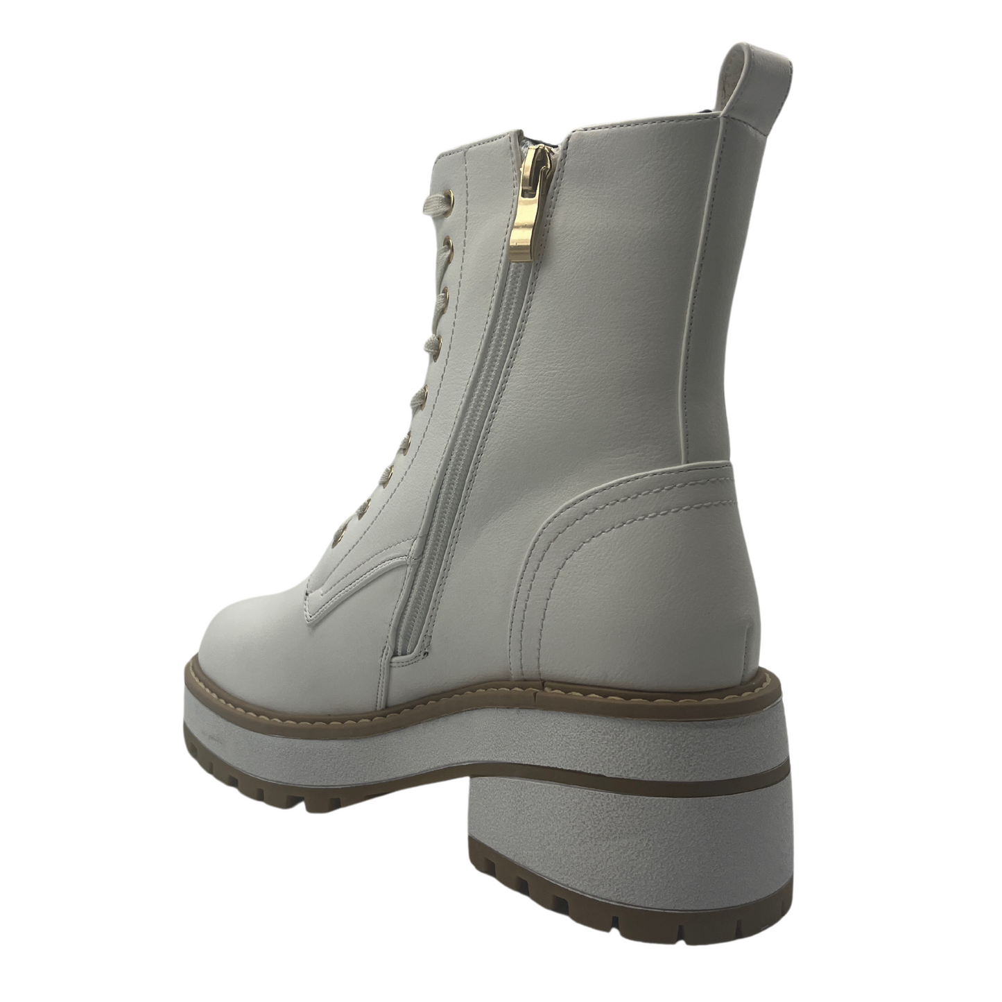 Back view of white vegan leather lace up boot with side zipper closure and chunky sole