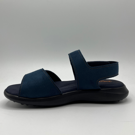 Left facing view of a blue multi-strap sandal with hook and loop closures and a black supportive outsole.