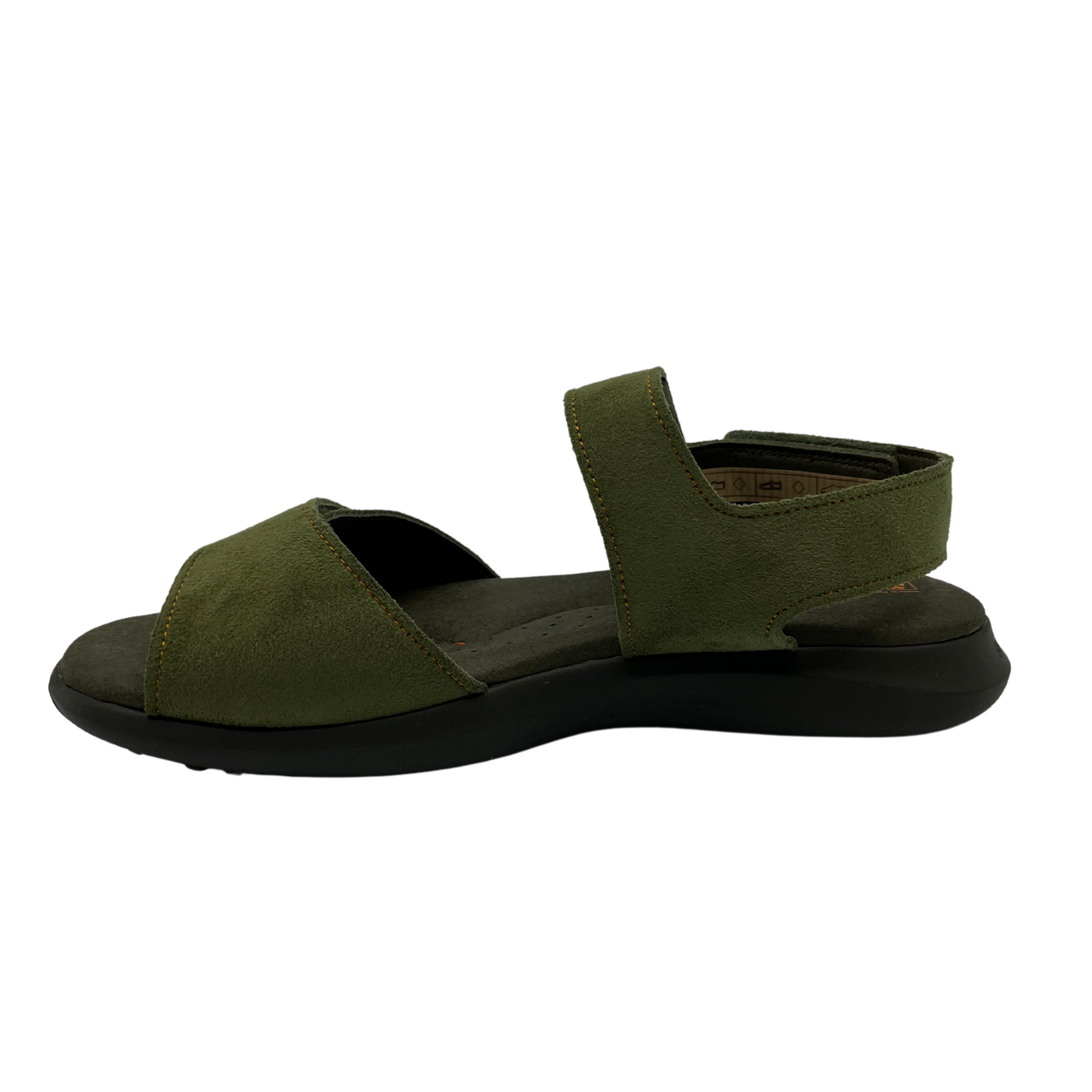 Left facing view of green leather sandals with 3 adjustable velcro straps and open toe