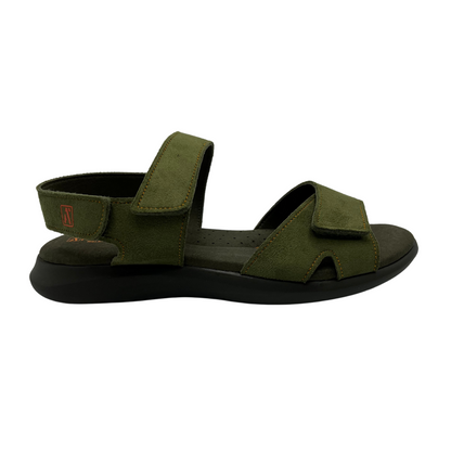 Right facing view of green leather sandals with 3 adjustable velcro straps and open toe